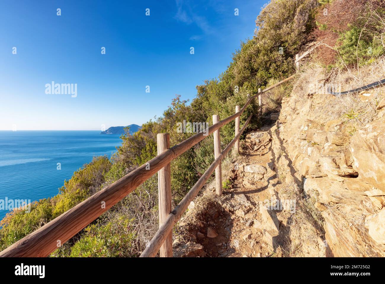 Hiking path near touristic town, Riomaggiore, Italy. Cinque Terre Stock Photo