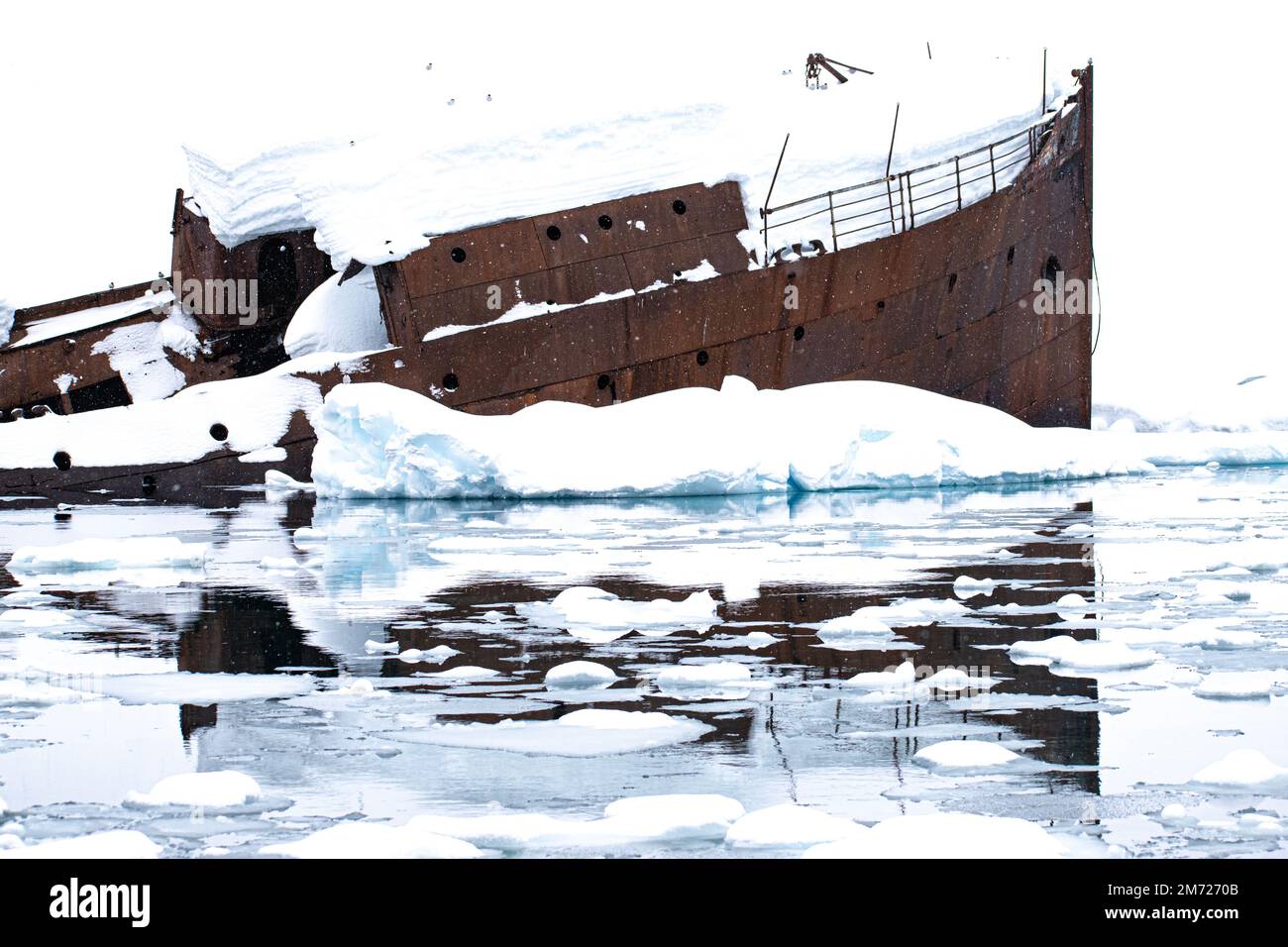 A metal whaling ship sunk into the icy cold water around Antarctica, Foyn Harbor. Stock Photo