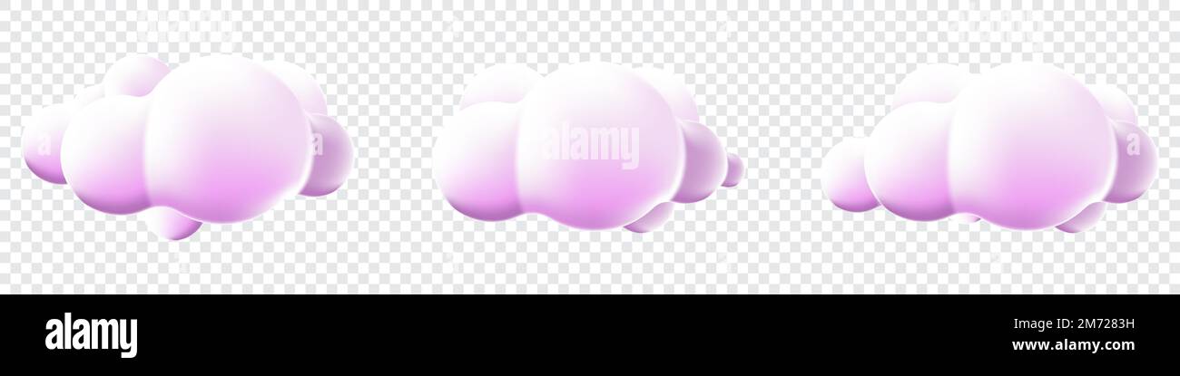 3d clouds set isolated background. Render soft round cartoon fluffy clouds icons. 3d geometric shapes. Various cartoon soft cloud shapes. Vector illus Stock Vector