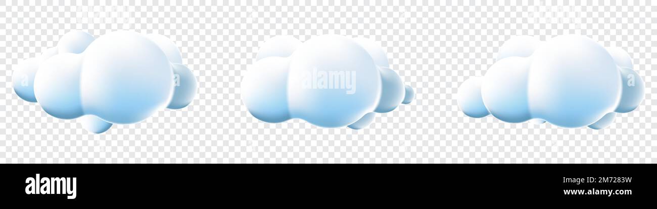 3d clouds set isolated background. Render soft round cartoon fluffy clouds icons. 3d geometric shapes. Various cartoon soft cloud shapes. Vector illus Stock Vector