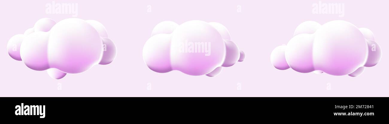 3d clouds set isolated background. Render soft round cartoon fluffy clouds icons. 3d geometric shapes. Various cartoon soft cloud shapes. Vector illus Stock Vector