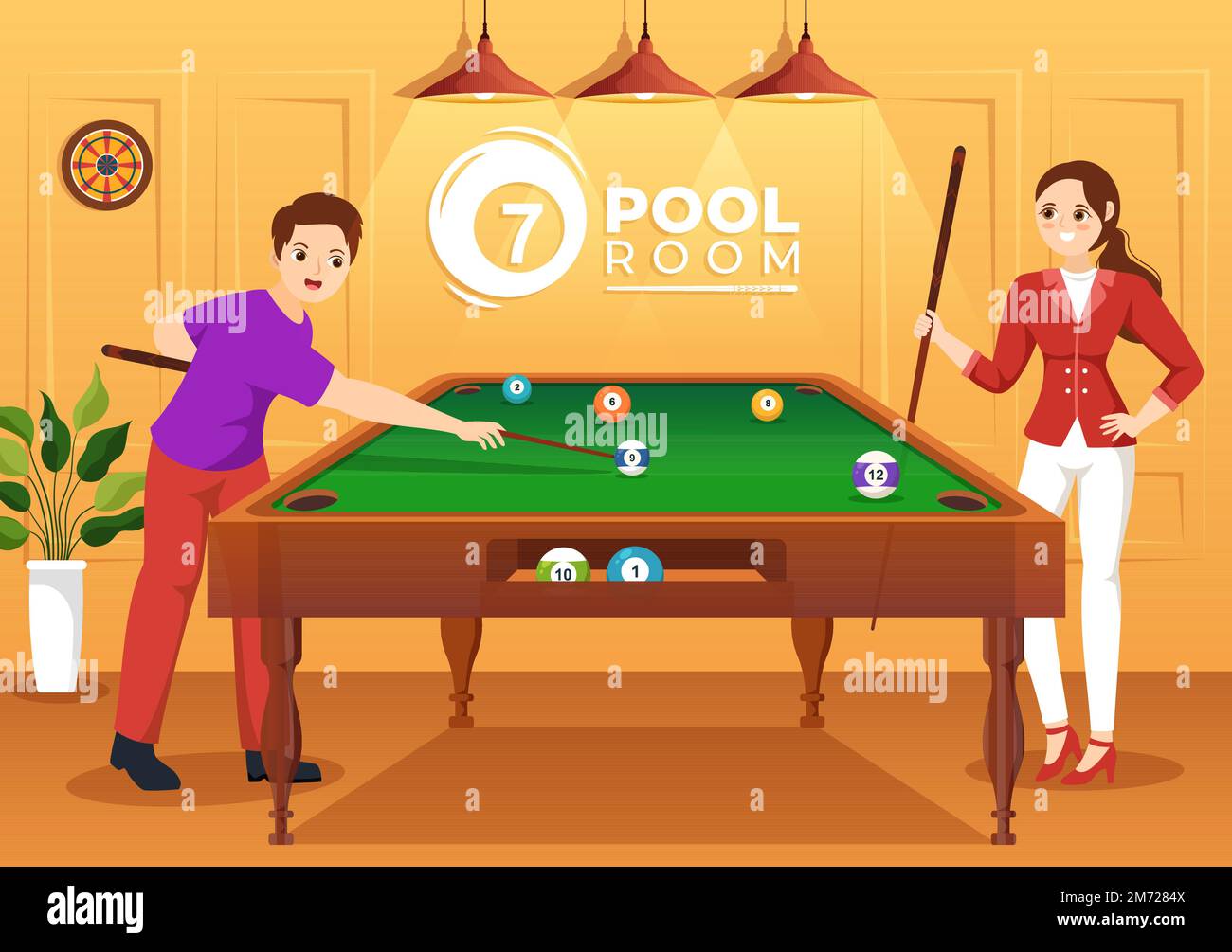 Billiards Game Illustration with Player Pool Room with Stick, Table and