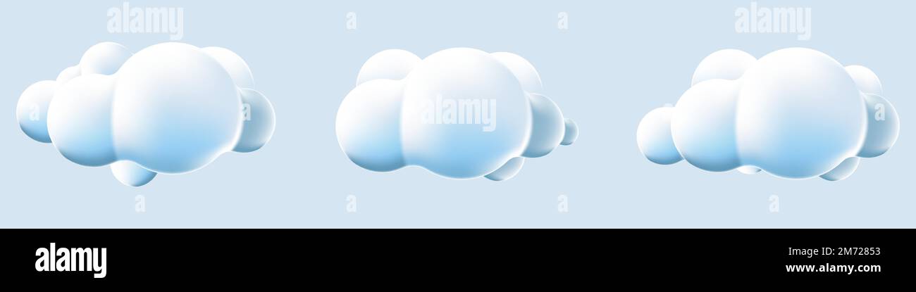3d clouds set isolated background. Render soft round cartoon fluffy clouds icons. 3d geometric shapes. Various cartoon soft cloud shapes. Vector illus Stock Vector