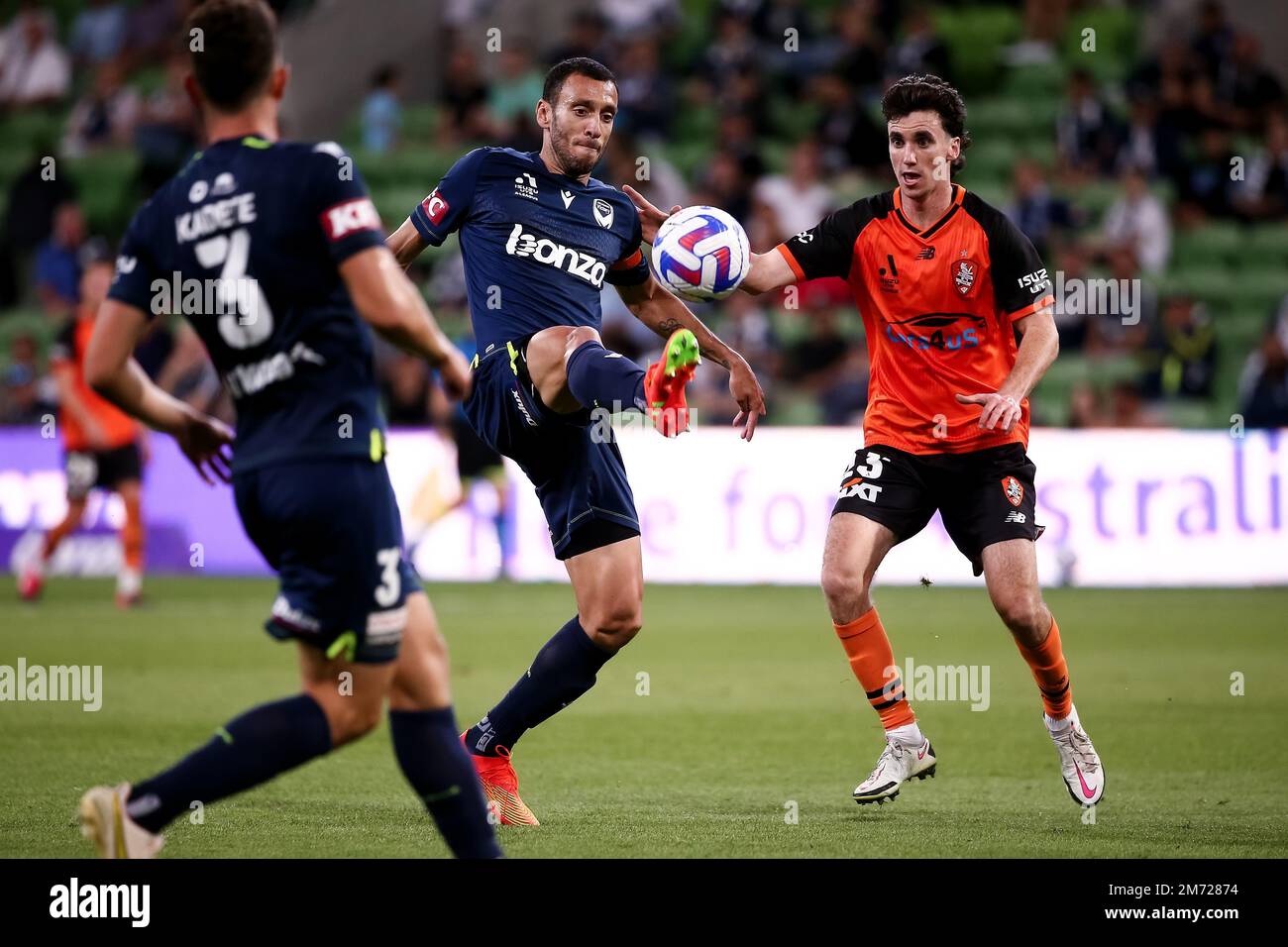 Melbourne, Australia, 6 January, 2023. Roderick Miranda of Melbourne Victory kicks the ball during the A-League Men's football match between Melbourne Victory and Brisbane Roar at AAMI Park on January 06, 2023 in Melbourne, Australia. Credit: Dave Hewison/Speed Media/Alamy Live News Stock Photo