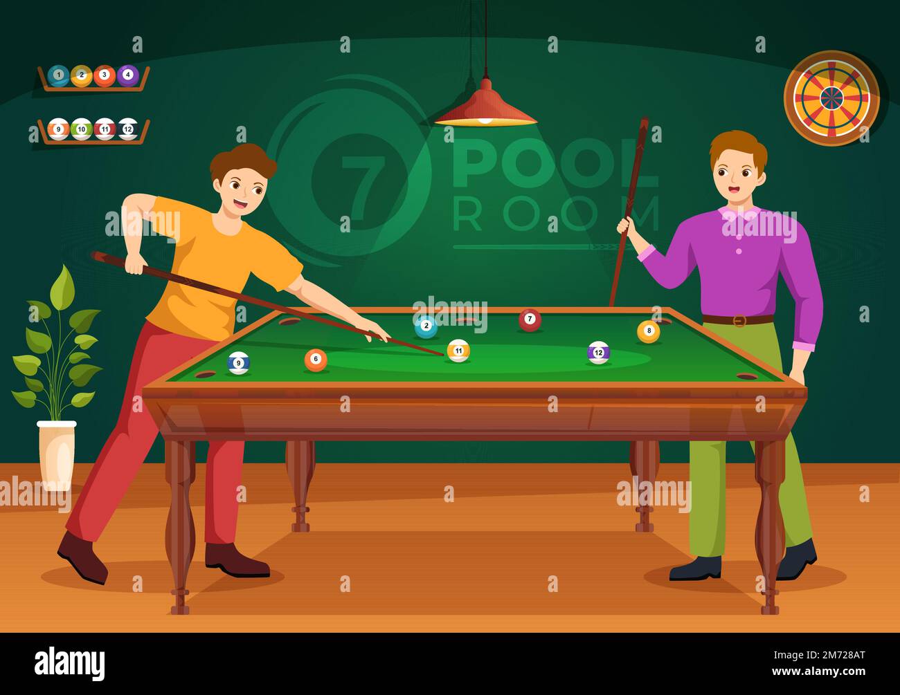 Billiards Game Illustration with Player Pool Room with Stick, Table and