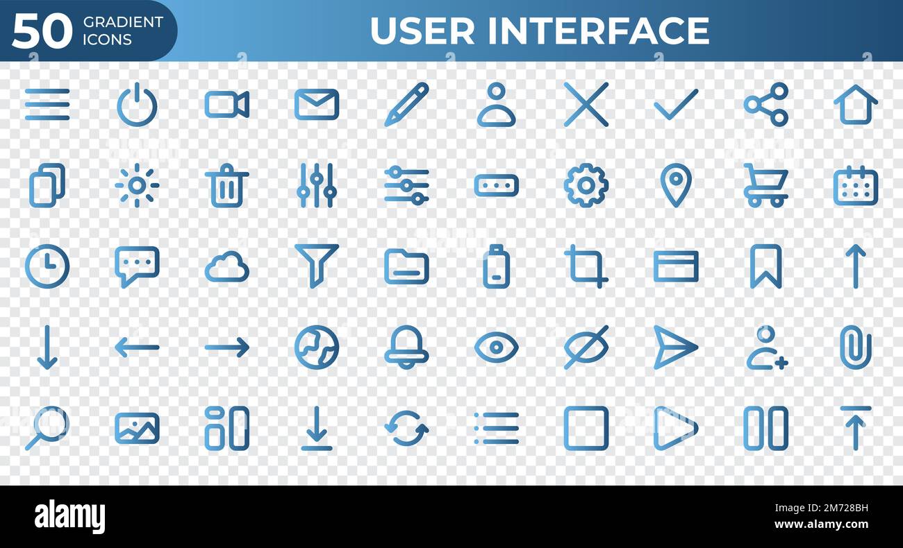 Set of 50 User Interface icons in gradient style. Menu, calendar, clock ...