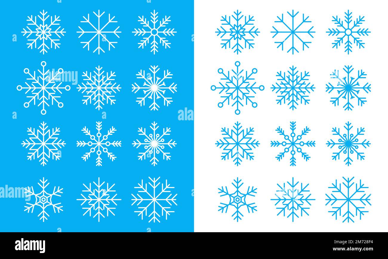 Snowflake line icons on blue and white background. Set of blue ...