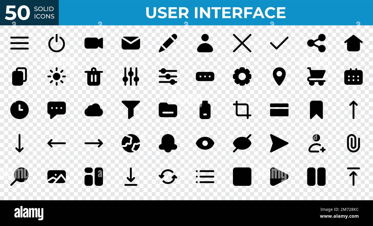 Set of 50 User Interface icons in solid style. Menu, calendar, clock ...