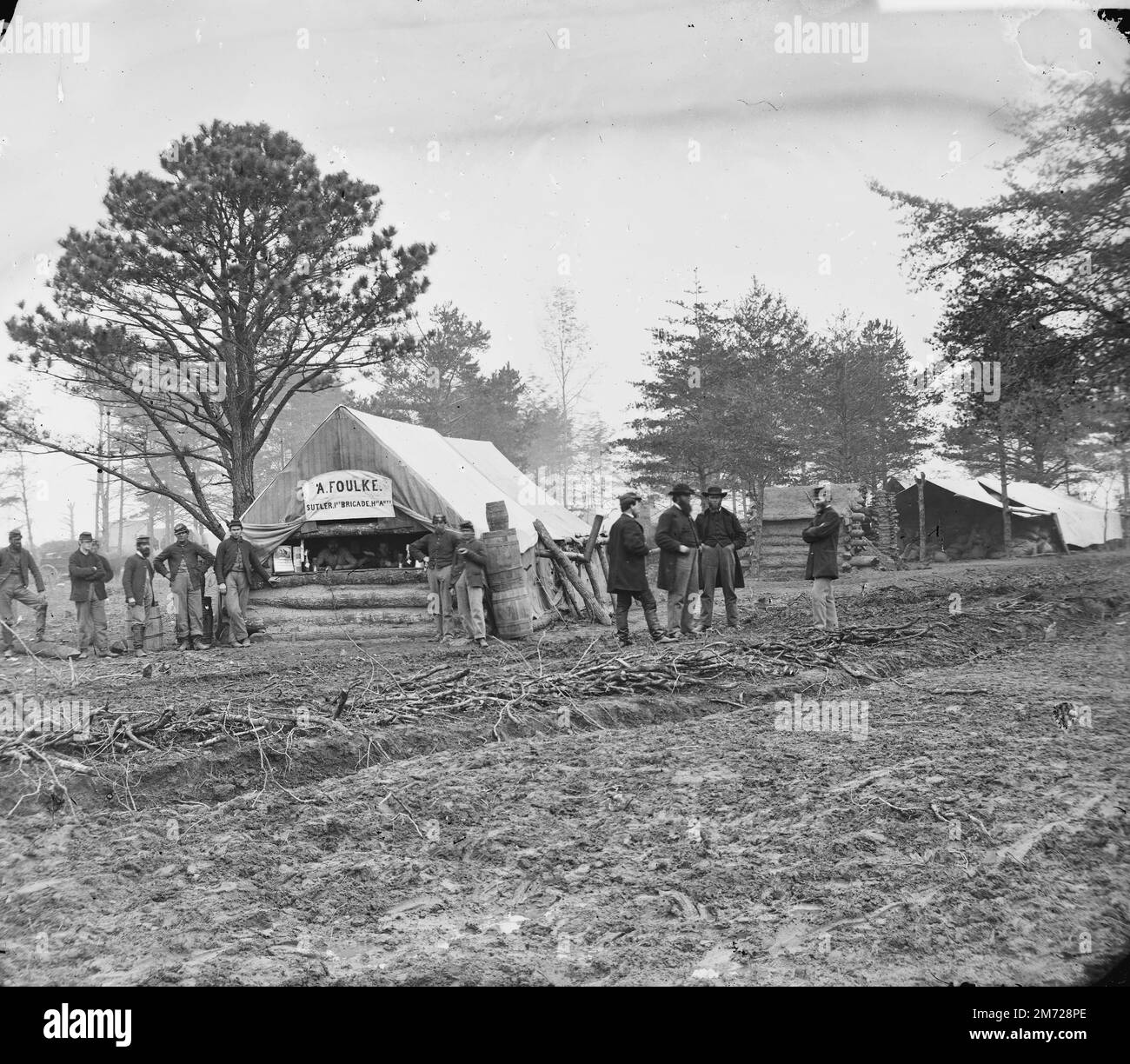 Brandy Station, Virginia. Tent of A. Foulke, Sutler, 1st Brigade, Horse Artillery during the Civil War.  Sutler's tent. First Brigade, House Artillery Gibson, James F. photographer. Circa 1864 (LOC) Stock Photo