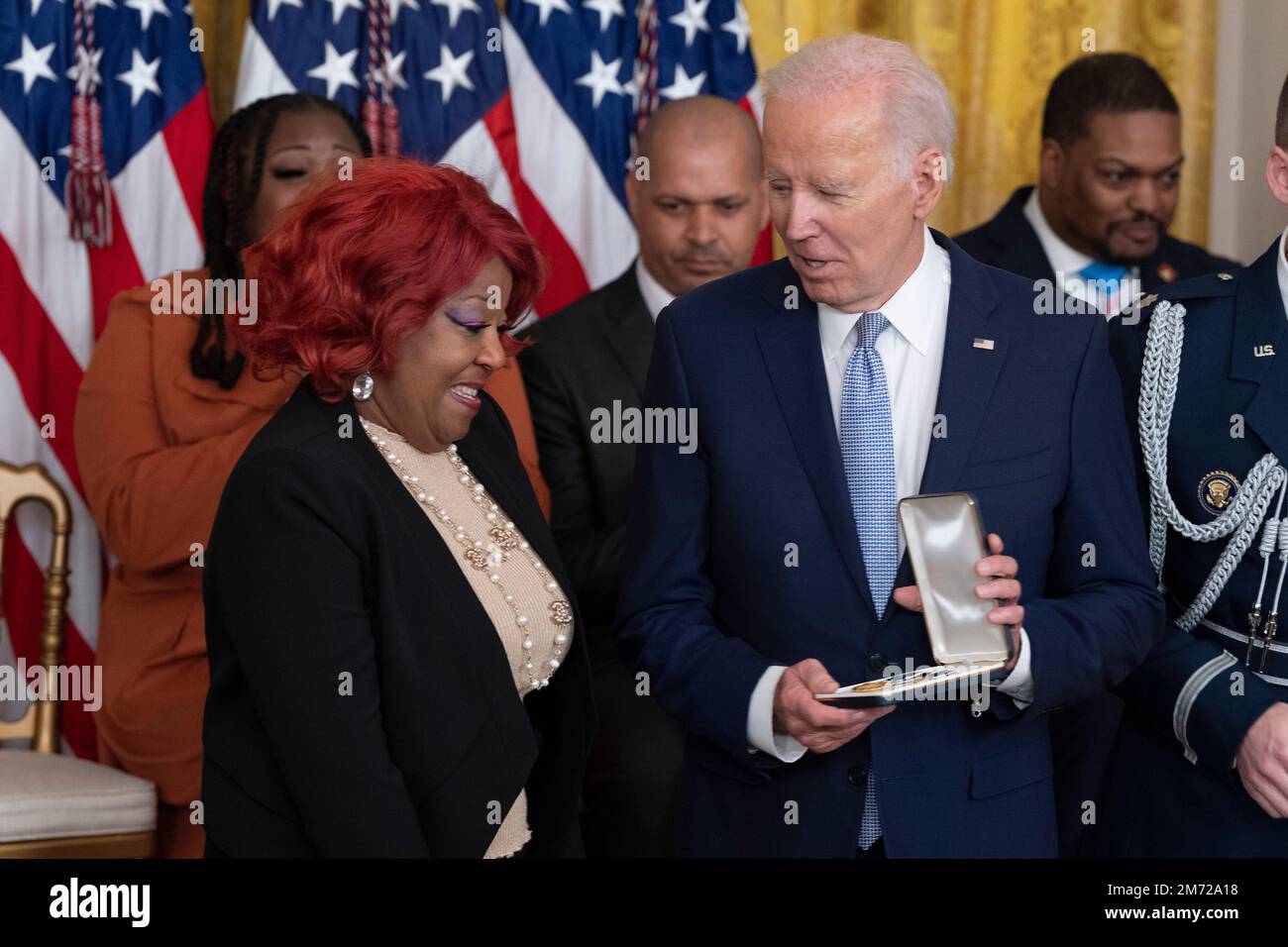 United States President Joe Biden presents the the Presidential Citizens Medal to Georgia poll worker Ruby Freeman during a ceremony marking the the two-year anniversary of the January 6th insurrection at the White House in Washington, DC, Friday, January 6, 2023. Biden awarded the Presidential Citizens Medal to Capitol Police Officer Eugene Goodman, Former Washington, DC police Officer Michael Fanone, Capitol Police Officer Caroline Edwards, Capitol Police Officer Brian Sicknick (posthumously), Election Workers Shaye Moss and her mother Ruby Freeman, Arizona House speaker Rusty Bowers, Al Sch Stock Photo