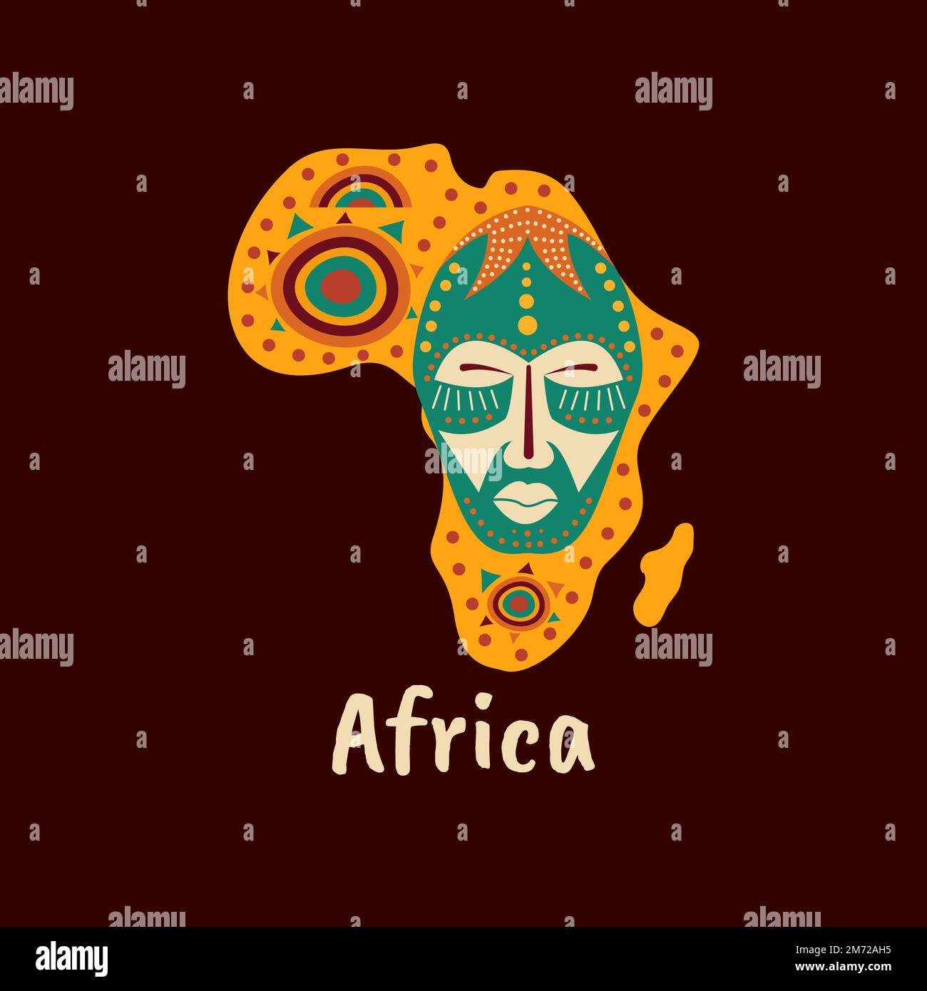 Illustration of African patterned map with art of masks, ornaments and symbols. Banner with traditional tribal grunge pattern, element, concept design Stock Vector