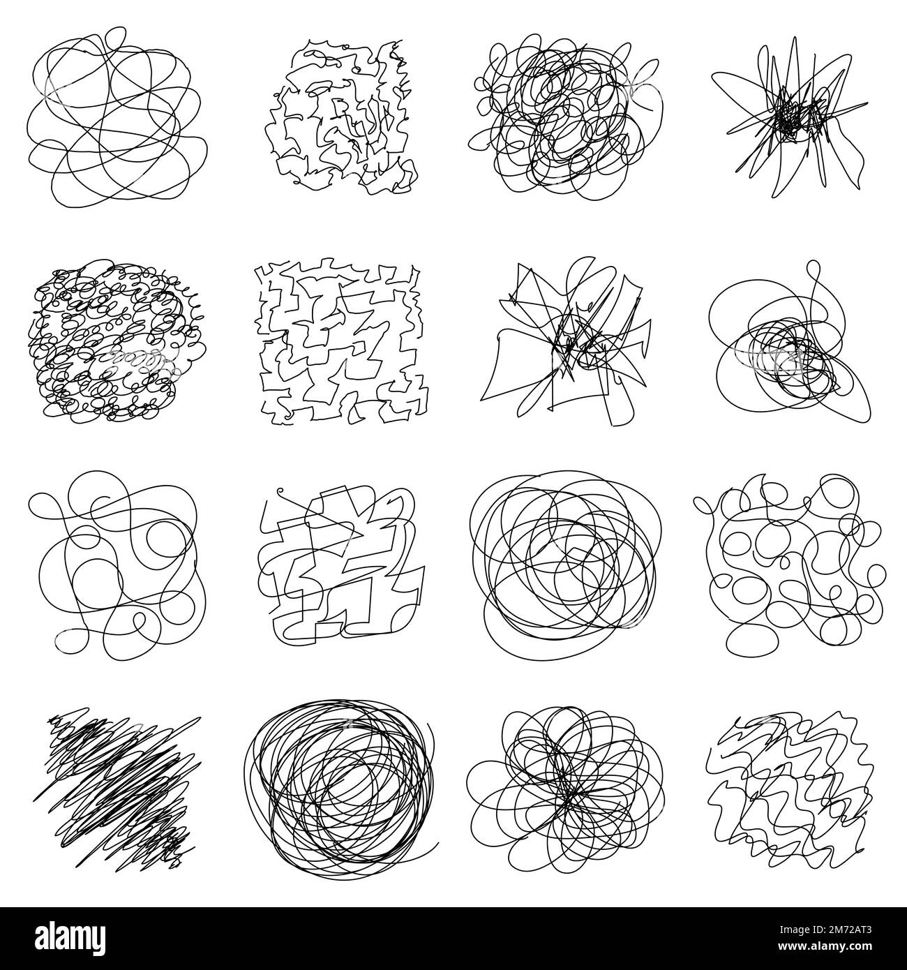 Set of Hand drawing random chaotic lines. Insane tangled scribble clew. Black design abstract scrawl scribbles. Vector illustration Stock Vector