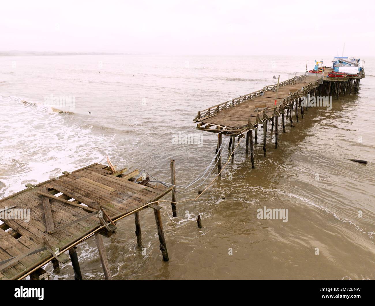 Capitola, USA. 06th Jan, 2023. Aerial view of the Capitola Pier in Capitola, CA after the most