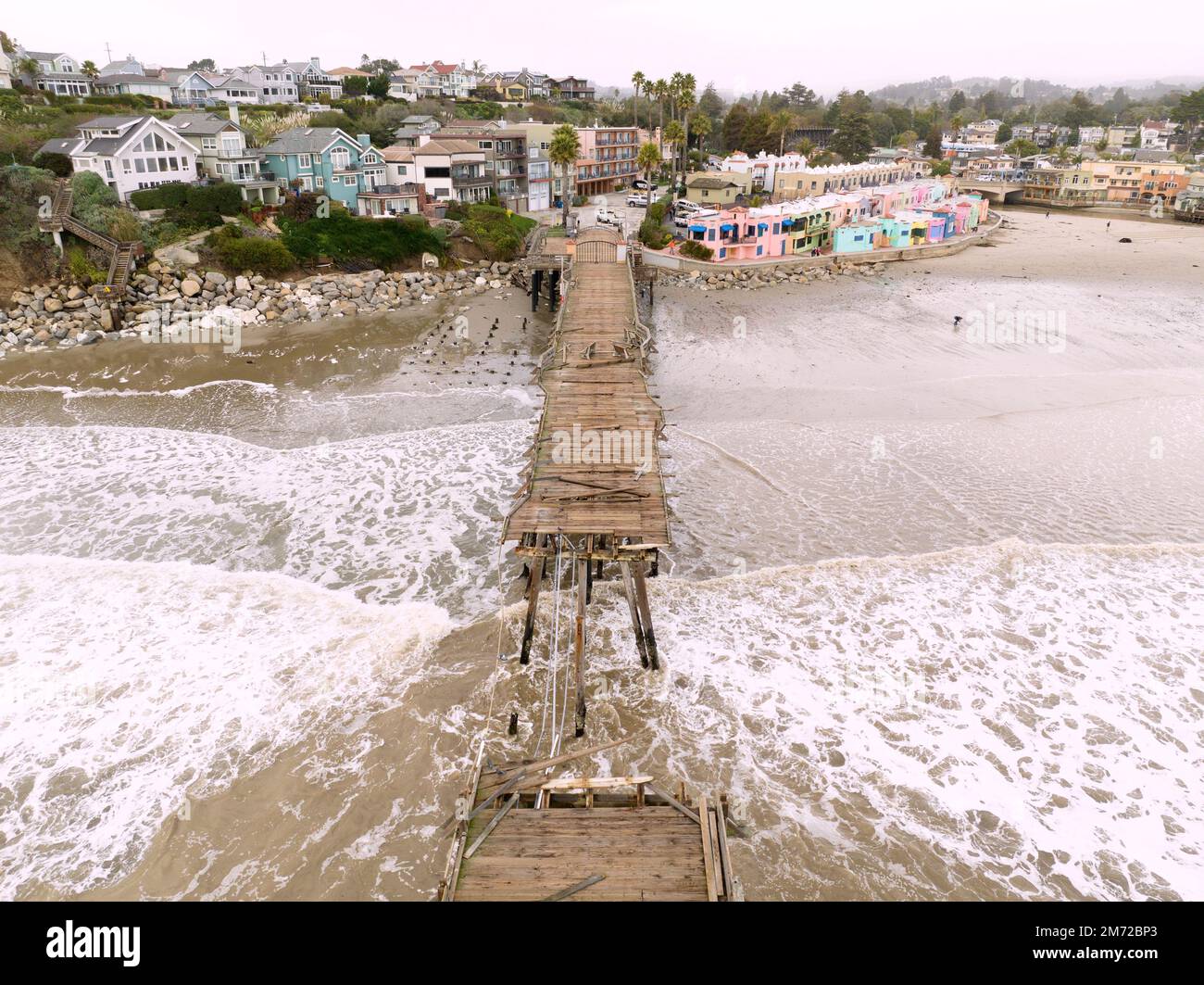Capitola, USA. 06th Jan, 2023. Aerial view of the Capitola Pier in Capitola, CA after the most