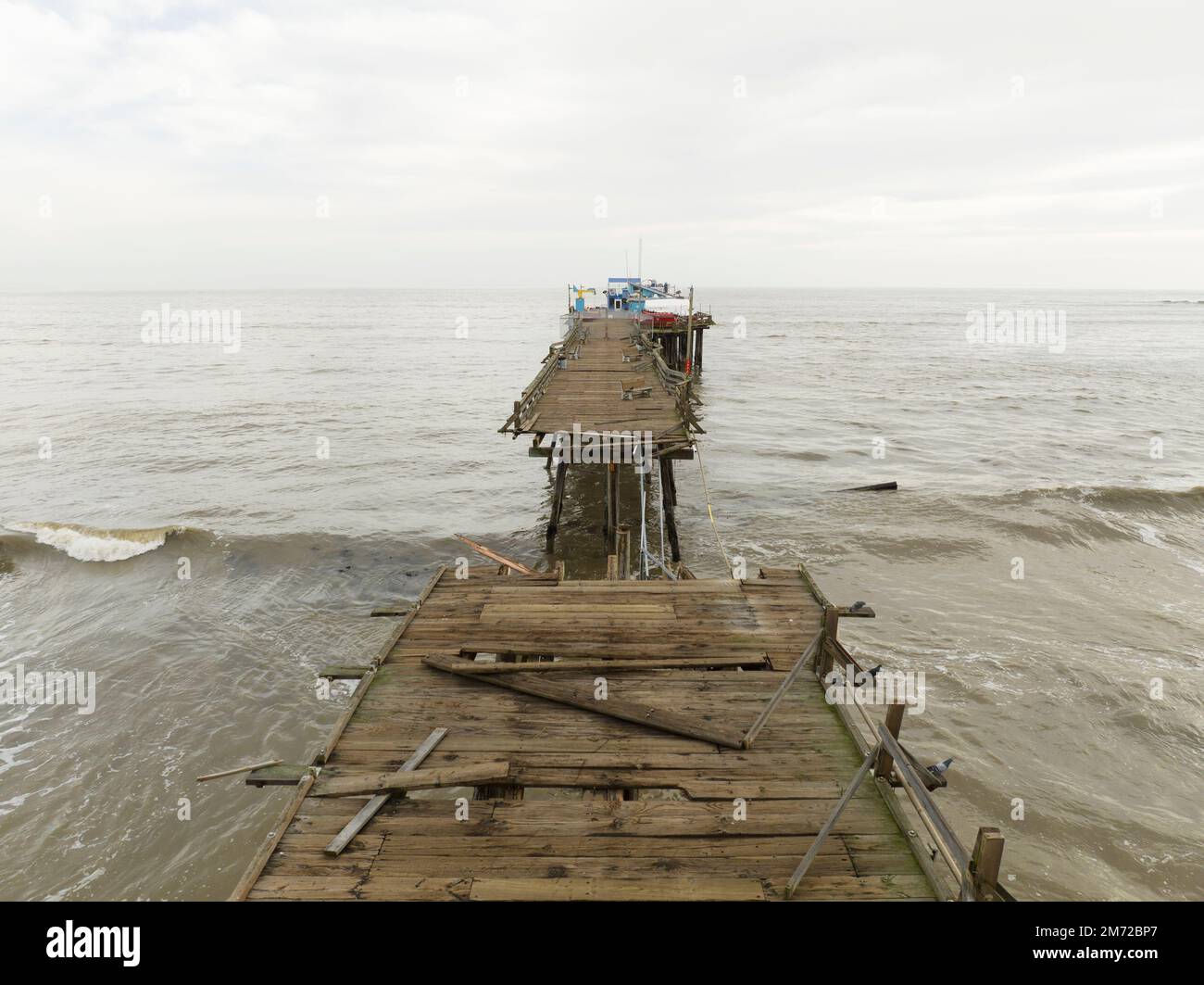 Capitola, USA. 06th Jan, 2023. Aerial view of the Capitola Pier in Capitola, CA after the most