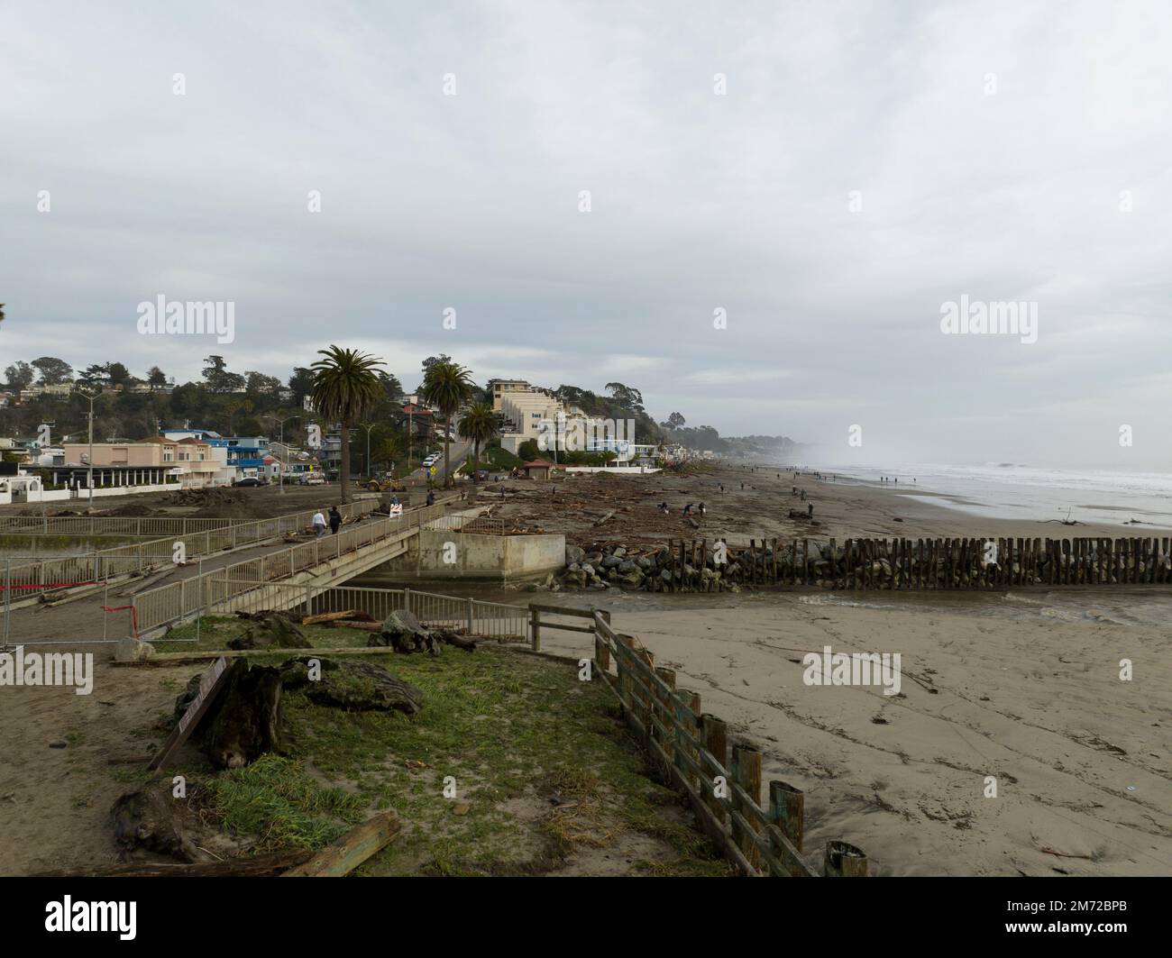 Aptos, USA. 06th Jan, 2023. Aerial view of the Rio Del Mar Beach, which is  part of Seacliff State Beach in Aptos, CA after the most recent storm on  January 5, 2023.