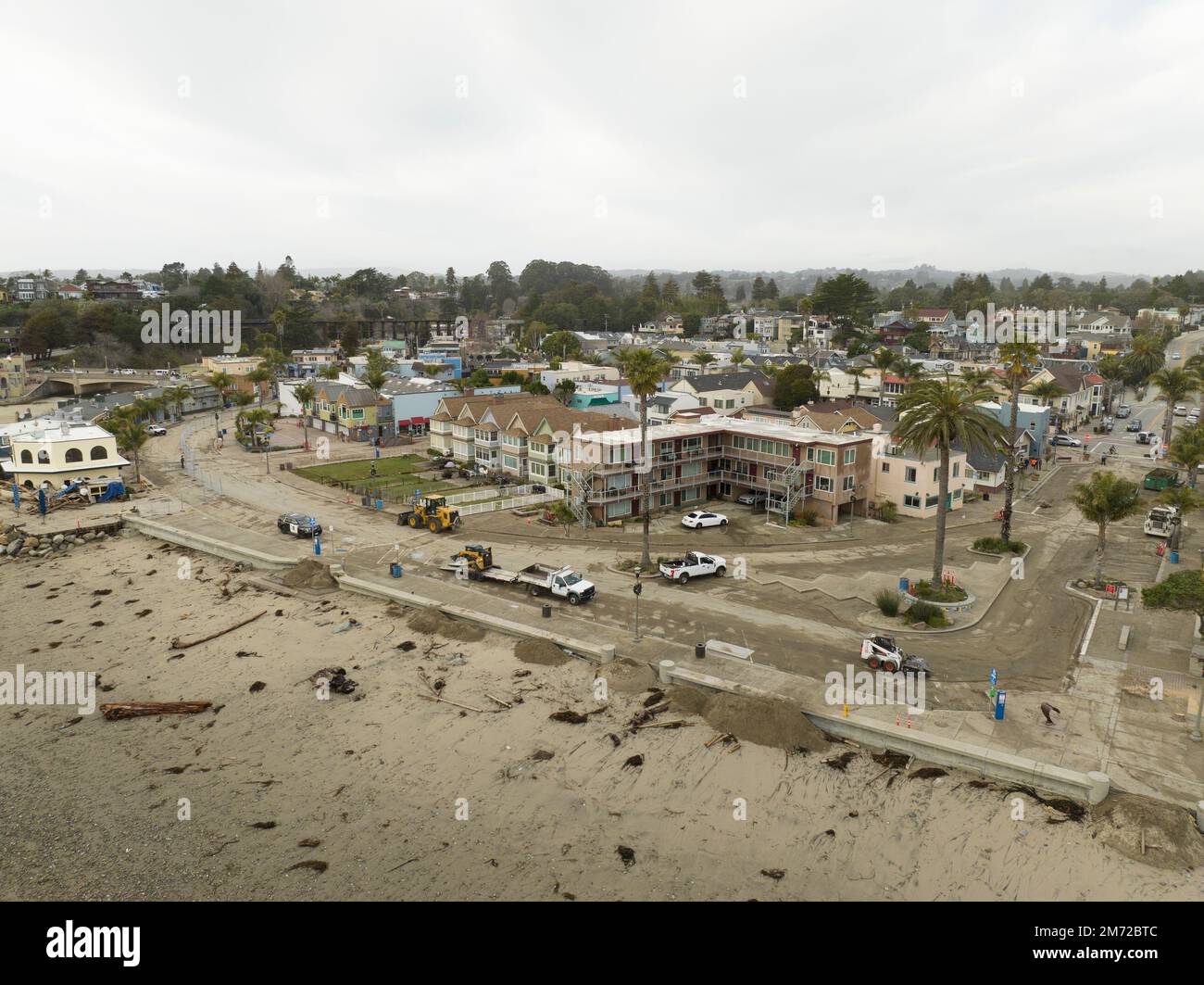 Aerial view of the Capitola Beachfront in Capitola, CA after the most