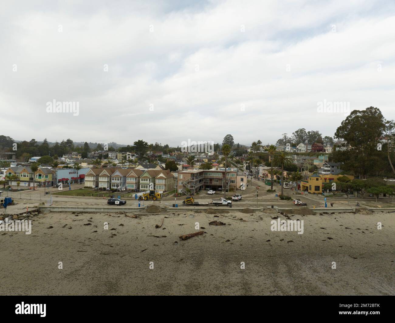 Aerial view of the Capitola Beachfront in Capitola, CA after the most