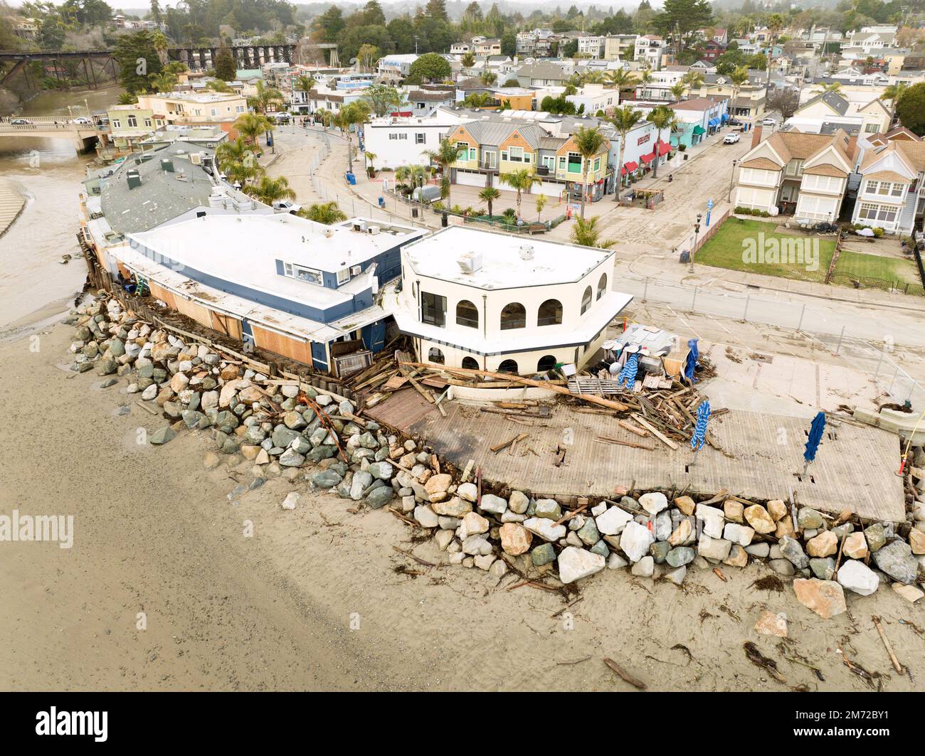 Aerial view of the Capitola Beachfront in Capitola, CA after the most