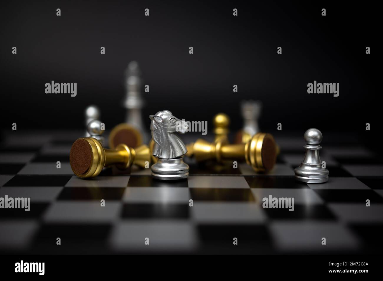 chess board silver horse moving.Business strategy leadership success concept. Stock Photo