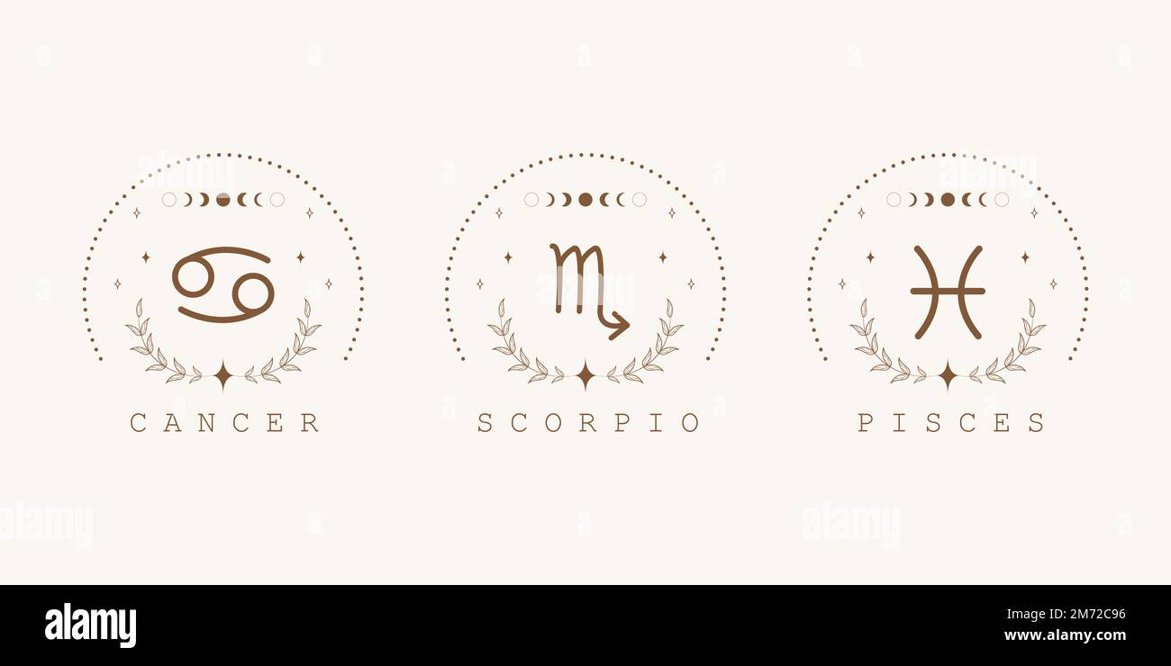 Cancer, scorpio, pisces. Water zodiac signs in boho style. Astrological icons on white background. Mystery and esoteric. Horoscope vector illustration Stock Vector