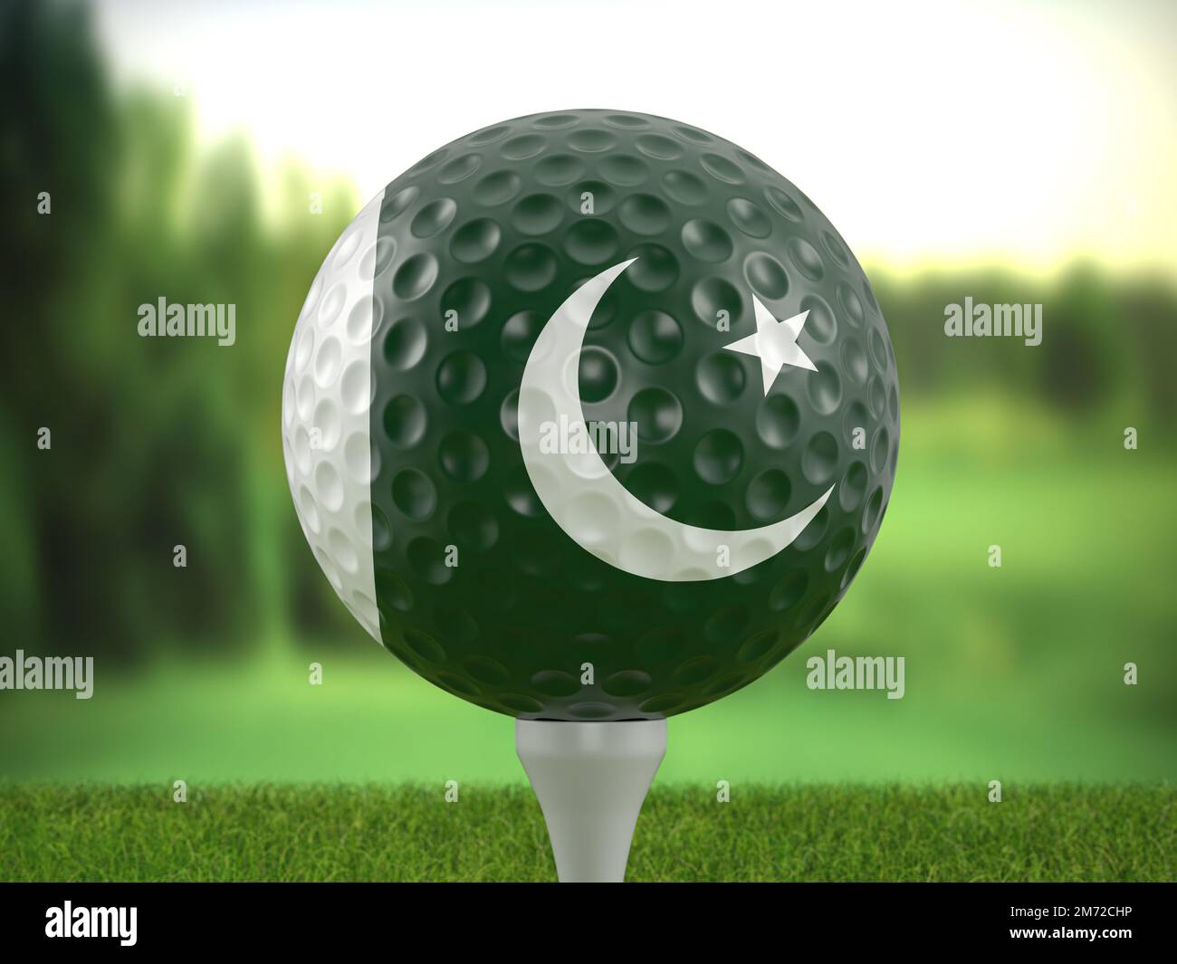 Golf ball Pakistan flag on a golf course. 3d illustration Stock Photo