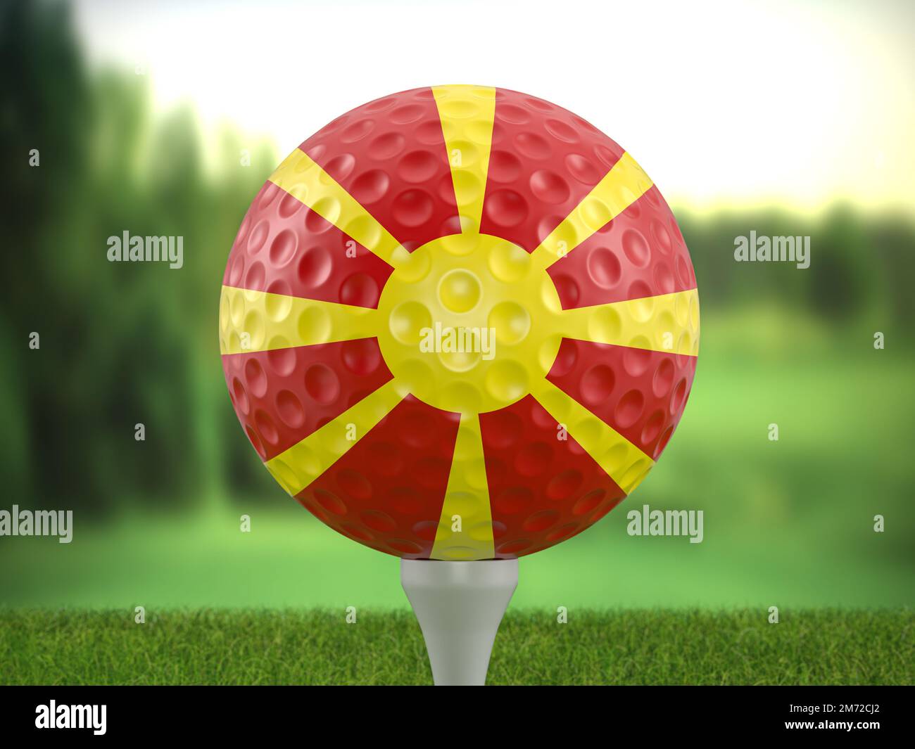 Golf ball North Macedonia flag on a golf course. 3d illustration Stock