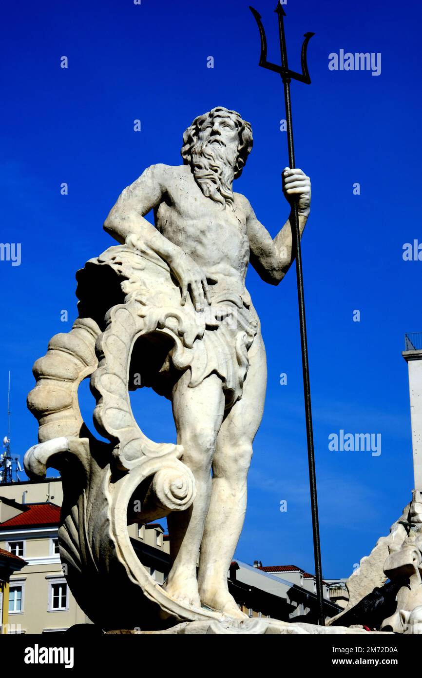 Fountain of Neptune in Piazza della Borsa in Trieste Italy Stock Photo