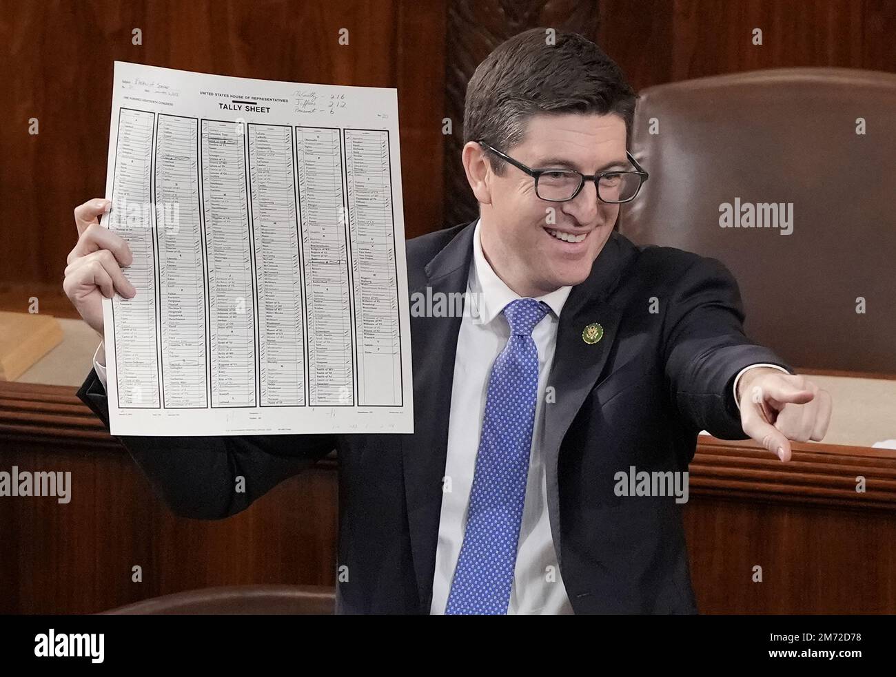 Washington, United States. 07th Jan, 2023. A tally sheet is held up by Rep. Bryan Steil after Rep. Kevin McCarthy, R-CA, was elected Speaker of the House at the U.S. Capitol in Washington, DC on Friday, January 6, 2023. Photo by Ken Cedeno/UPI Credit: UPI/Alamy Live News Stock Photo