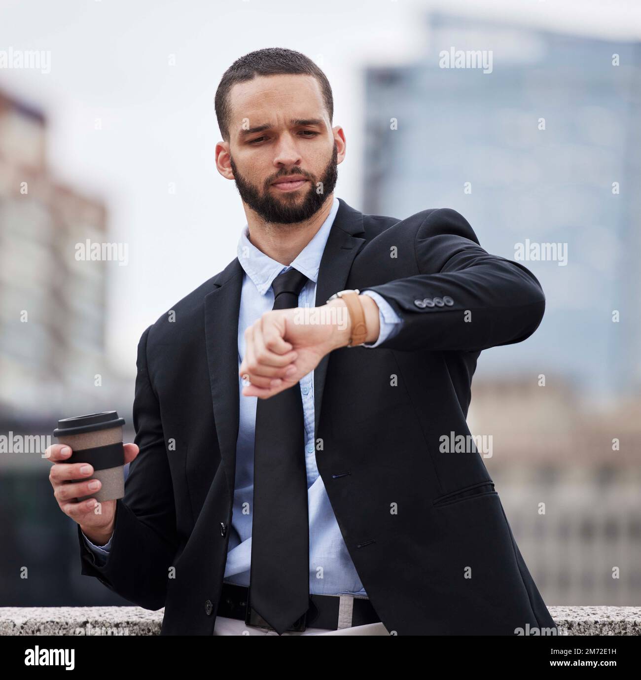 Businessman, watch and check time in city for schedule, business