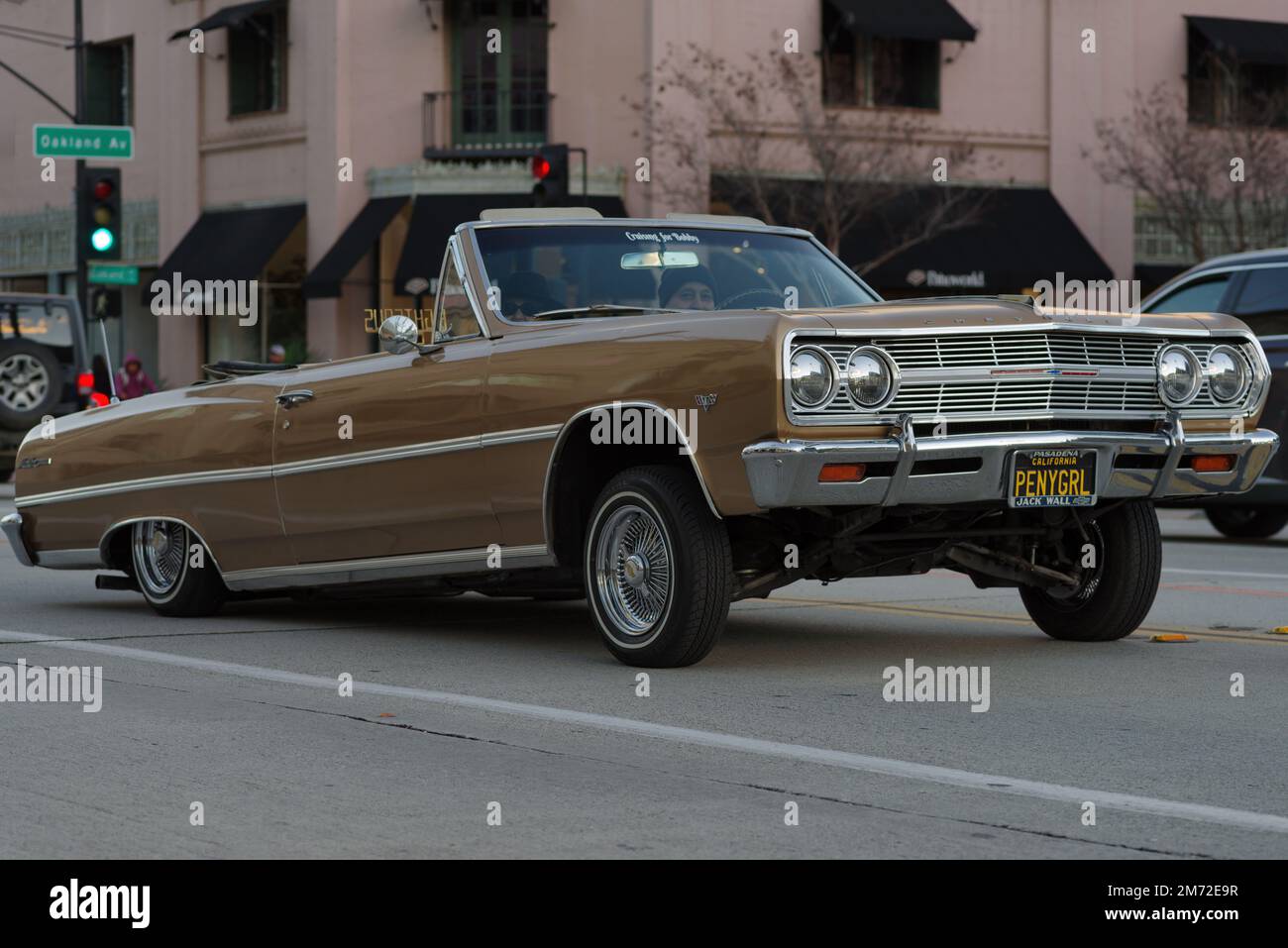 Pasadena, California, United States - January 1, 2023: classic Chevrolet turned lowrider shown on Colorado Boulevard in the City of Pasadena on New Ye Stock Photo