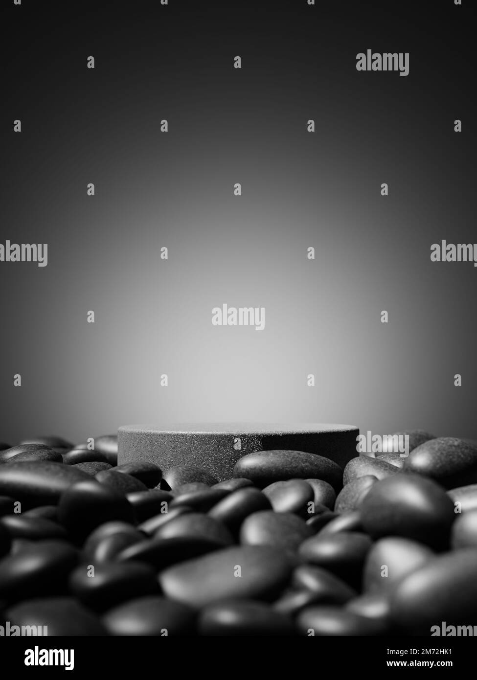 3d round display podium on the pebbles against glow light background ...