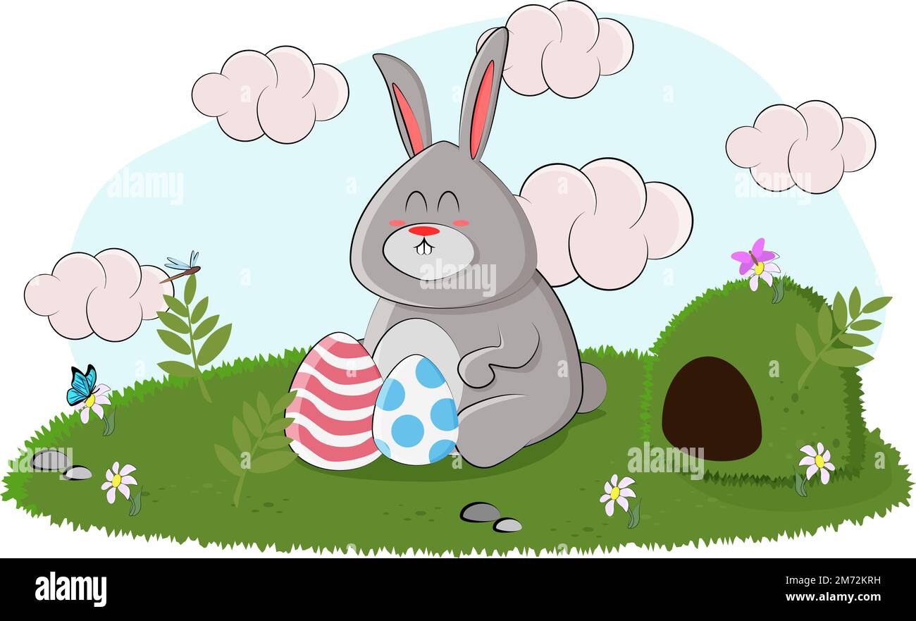 Cute easter bunny paints eggs for the holiday Stock Vector