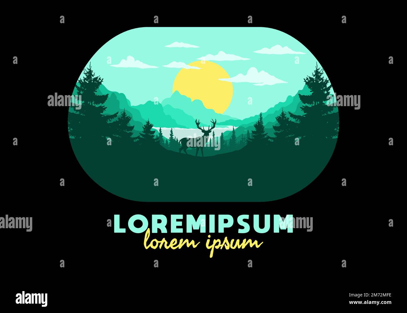 Landscape art illustration of a deer standing in front of the lake