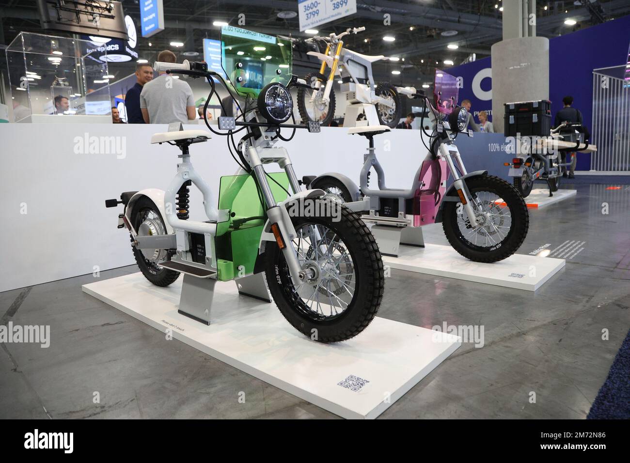 Las Vegas, United States. 06th Jan, 2023. A view of the CAKE Makka electric urban scooters with optional colorful Prism windshields, on display at the Swedish manufacturer's booth during the 2023 International CES, at the Las Vegas Convention Center in Las Vegas, Nevada on Friday, January 6, 2023. Photo by James Atoa/UPI Credit: UPI/Alamy Live News Stock Photo