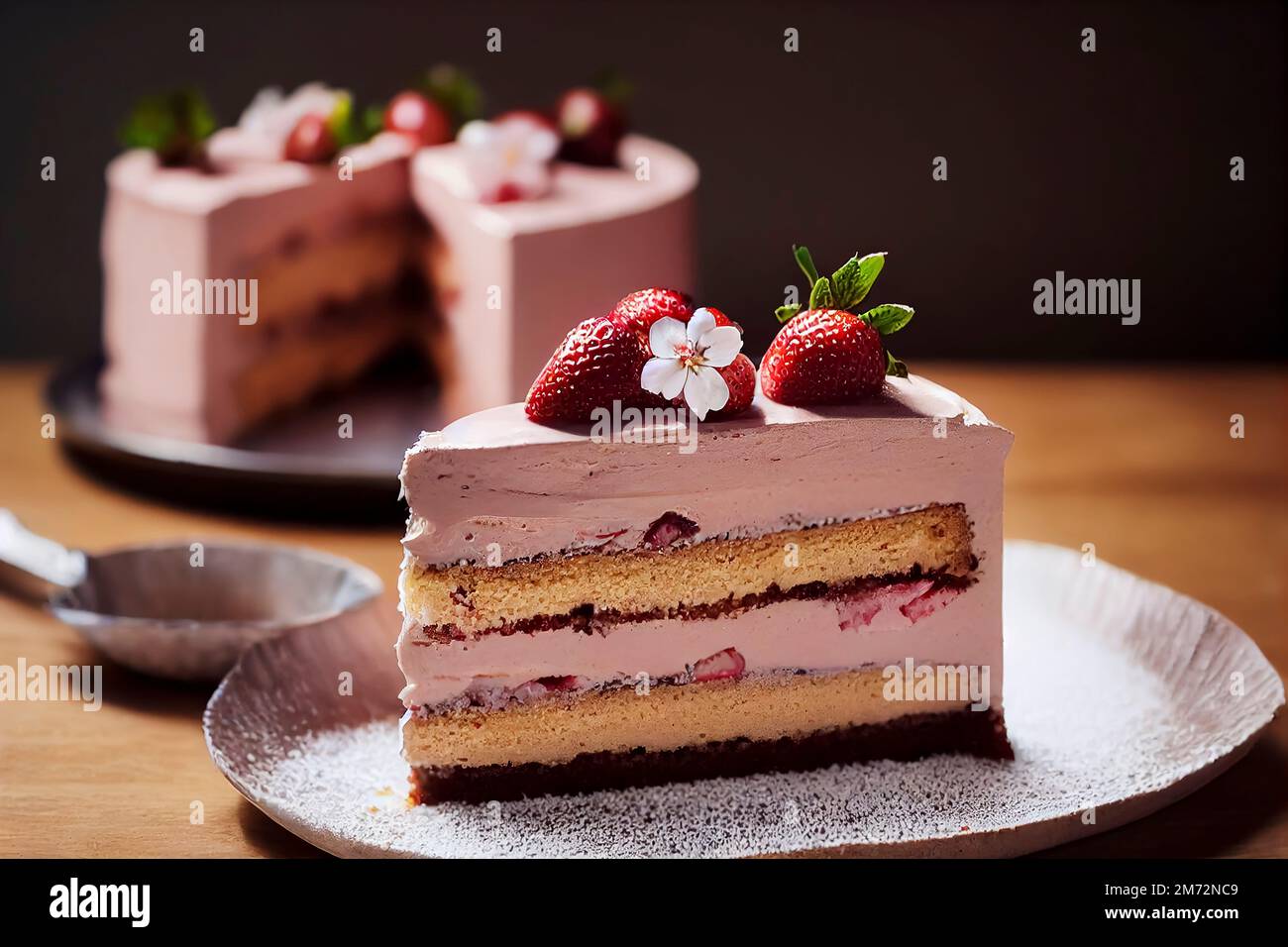 Fresh homemade strawberry mousse cake decorated with fresh strawberries and delicate cherry blossom, Valentine s Day theme, generative AI illustration Stock Photo
