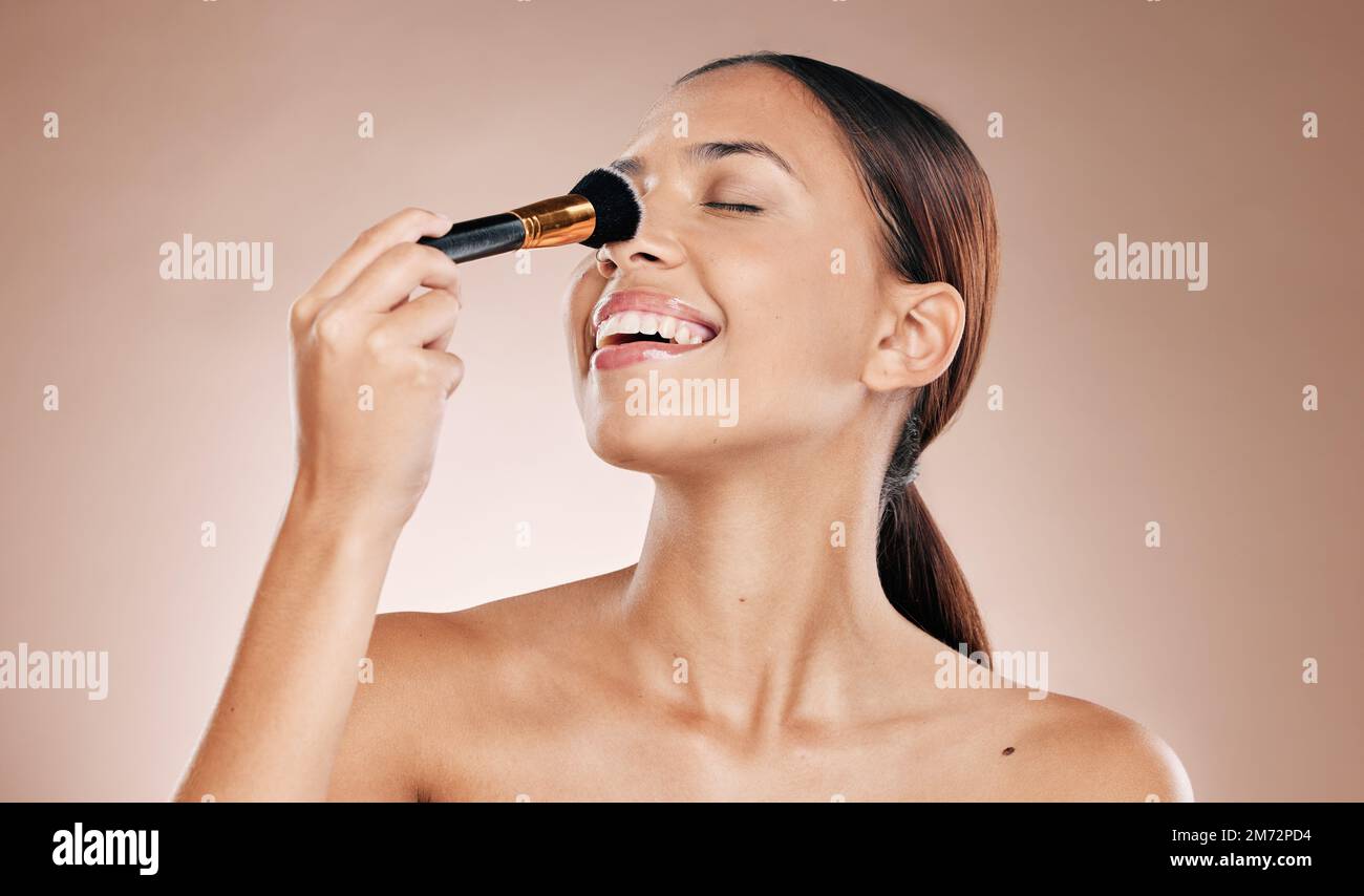 Makeup, brush on face and woman with beauty cosmetics mockup and