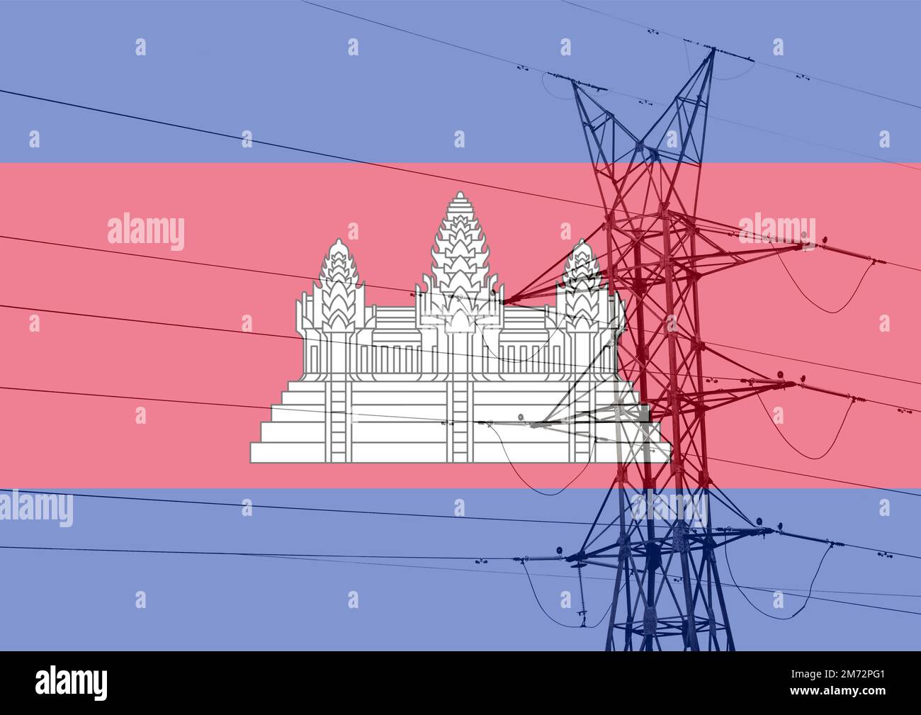 Highvoltage transmission line with flag of Cambodia.Energy concept
