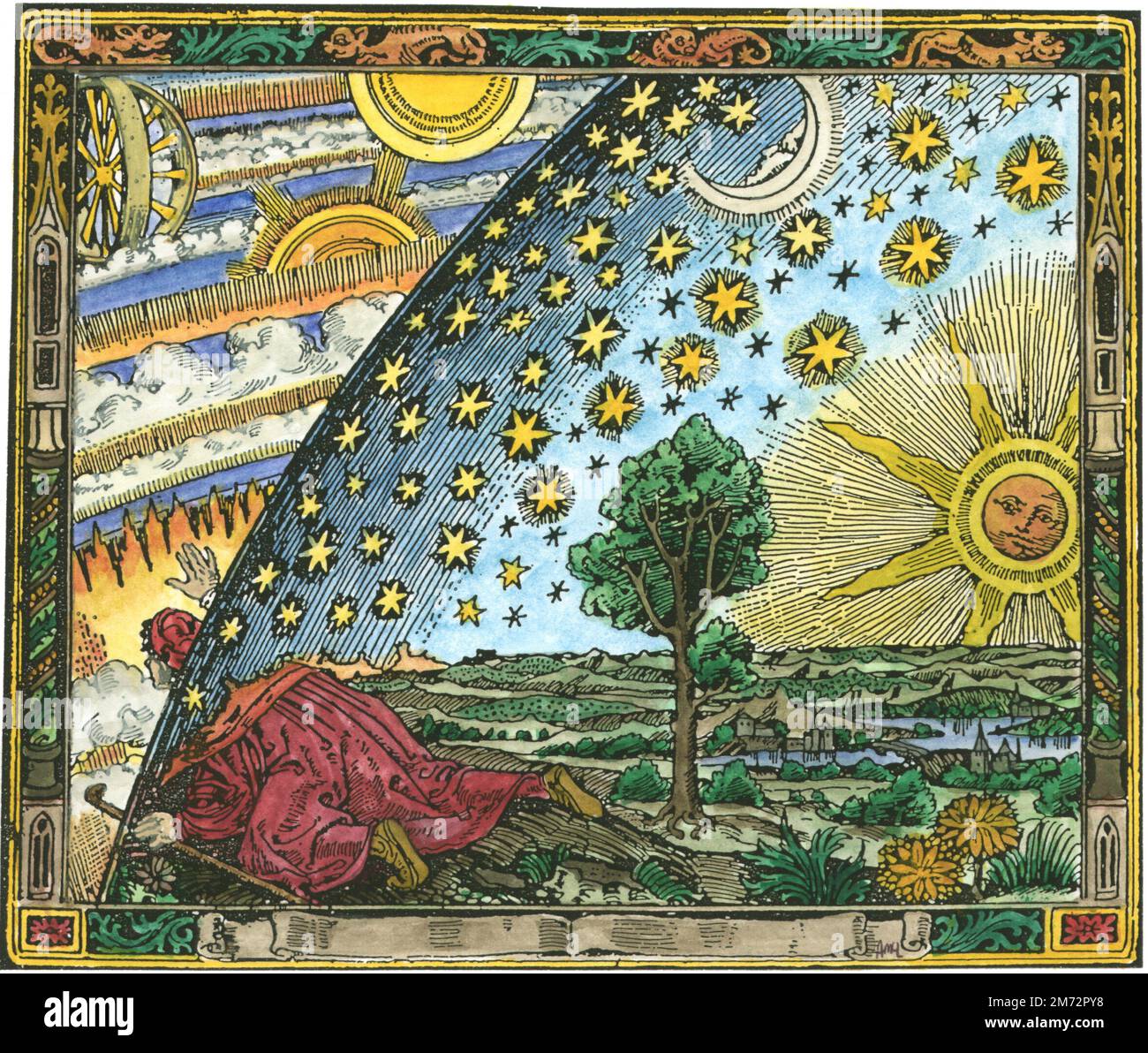 Peering through the cosmic sphere engraving from 'L'atmosphere: meteorologie populaire', by Camille Flammarion, coloured by Adam McLean in 2009. Stock Photo