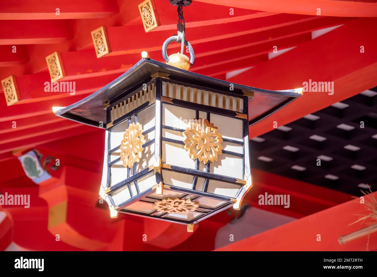 the closeup image of japanese lamp in Ikuta Shrine Kobe Japan, which is possibly among the oldest shrines in the country. Stock Photo