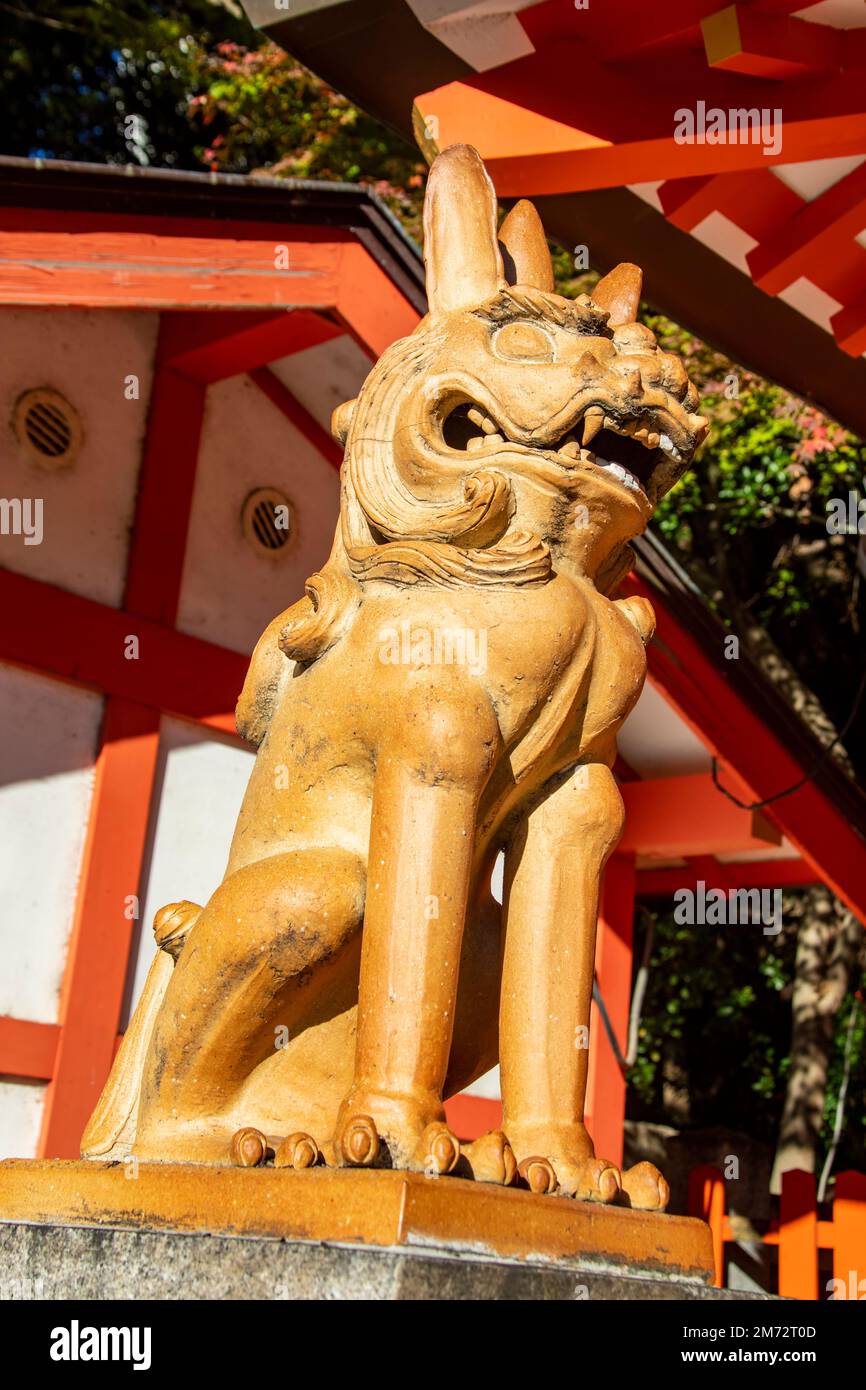 Kobe Japan Dec 6th 2022: the stone statue Komainu in Ikuta Shrine. it is lion-like creature guarding Ebisu shrine. Stock Photo