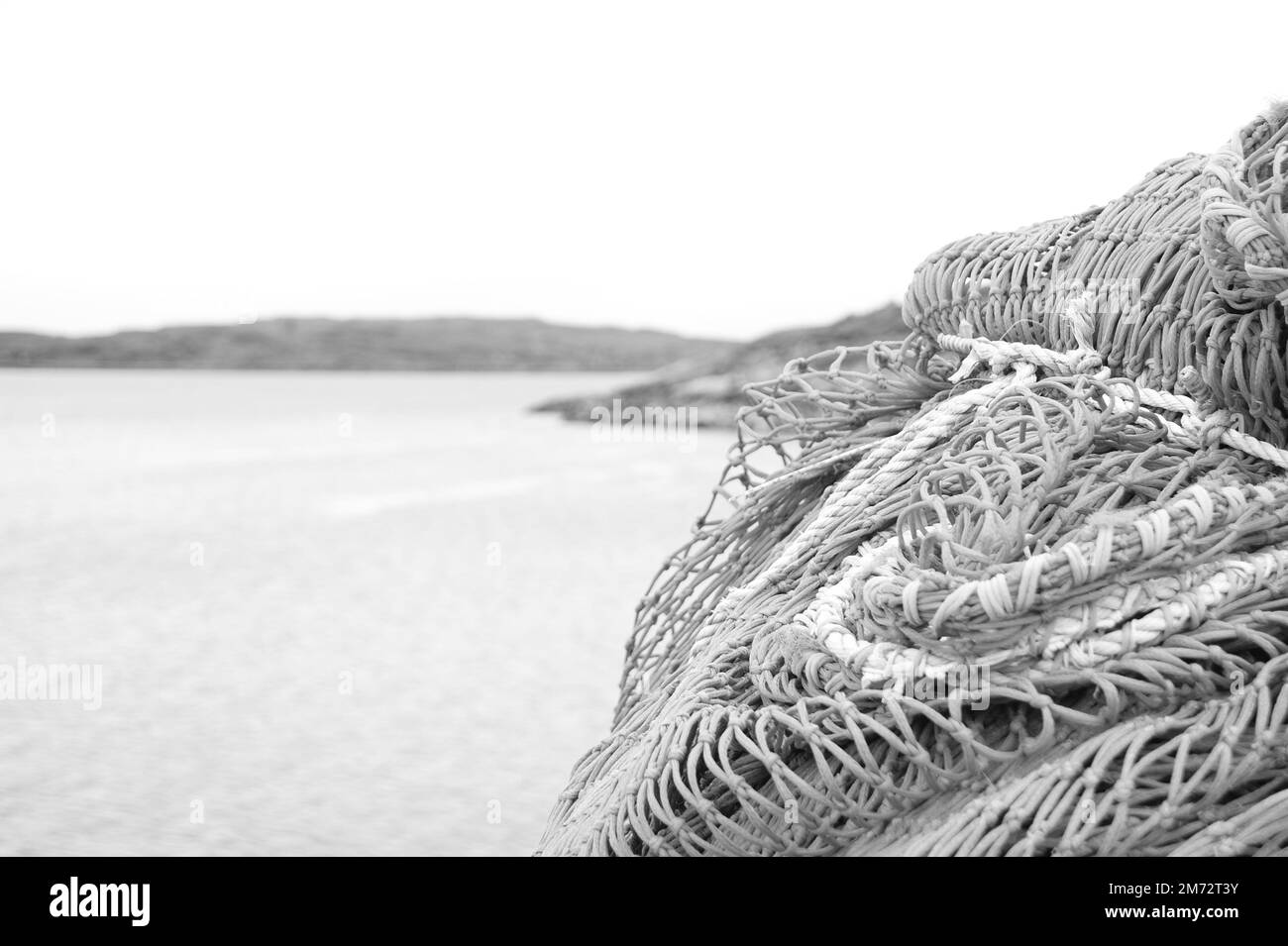 A grayscale of a fishing net against a lake and land seen in the distance  Stock Photo - Alamy