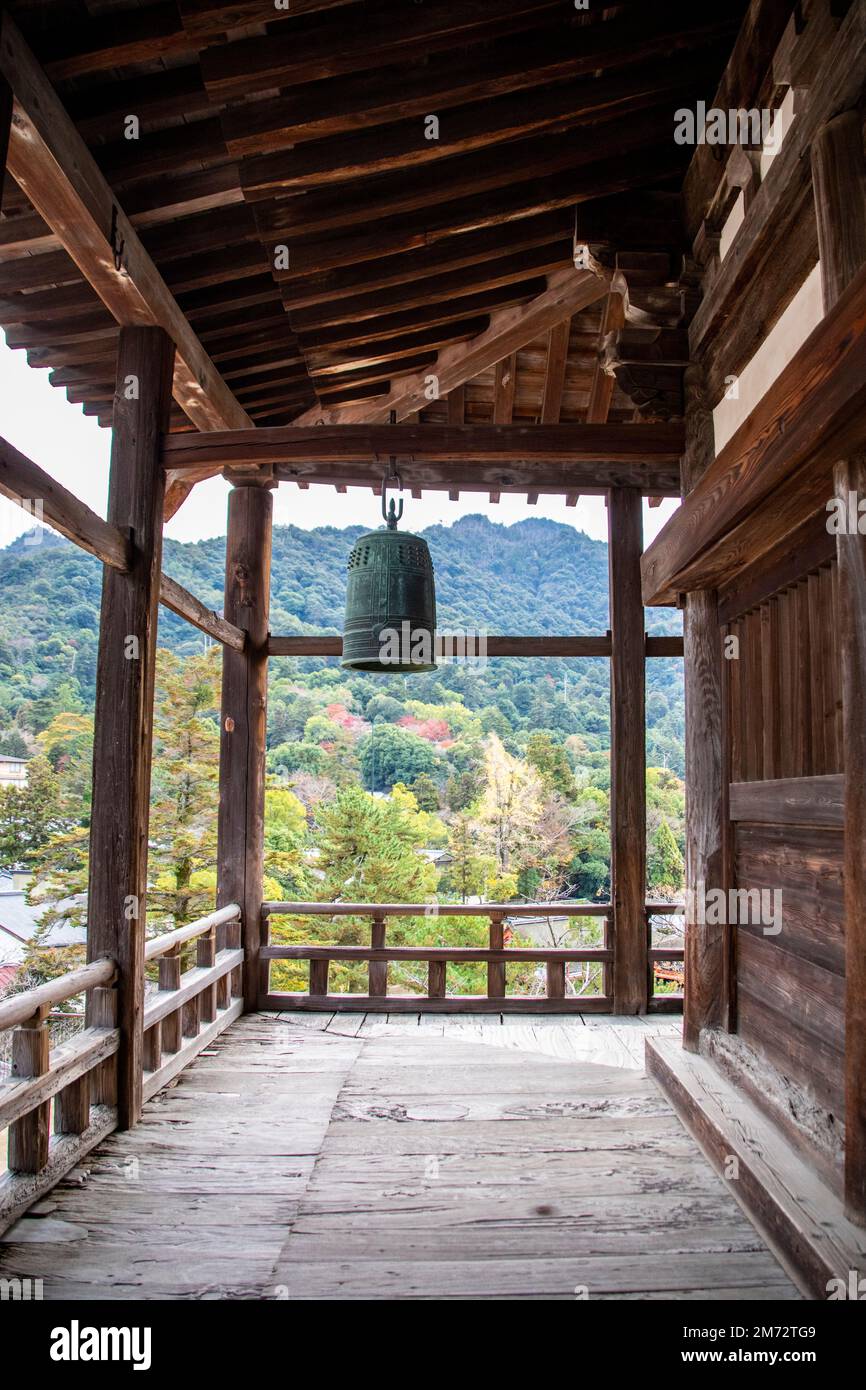 Hiroshima Japan 3rd Dec 2022: bronze temple bell of Senjokaku ('pavilion of 1000 mats', Toyokuni Shrine).  It is the largest structure at island. Stock Photo