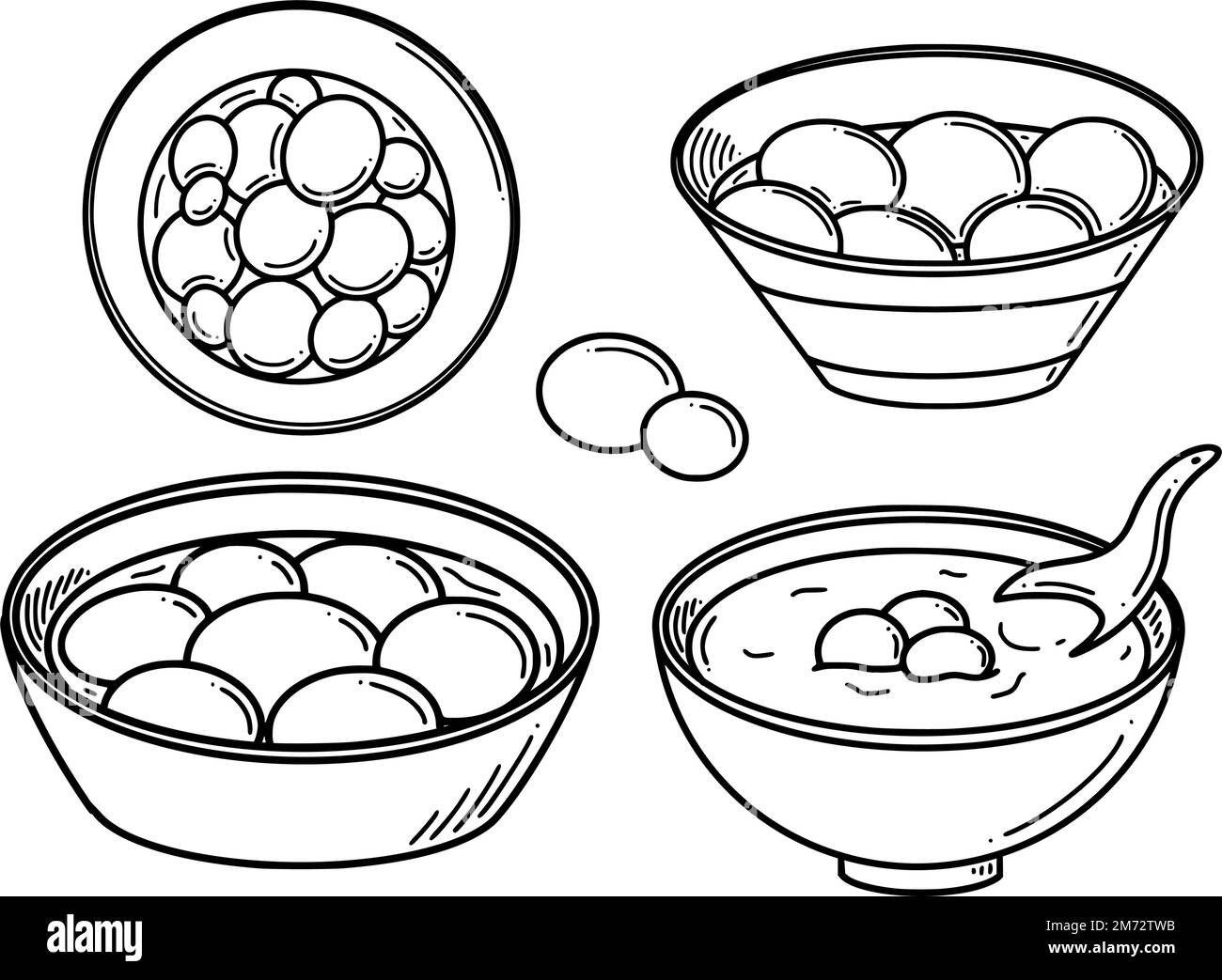 Tang yuan translation from Chinese Sweet dumpling soup vector illustration. Chinese New year dessert tangyuan in doodle style. Stock Vector