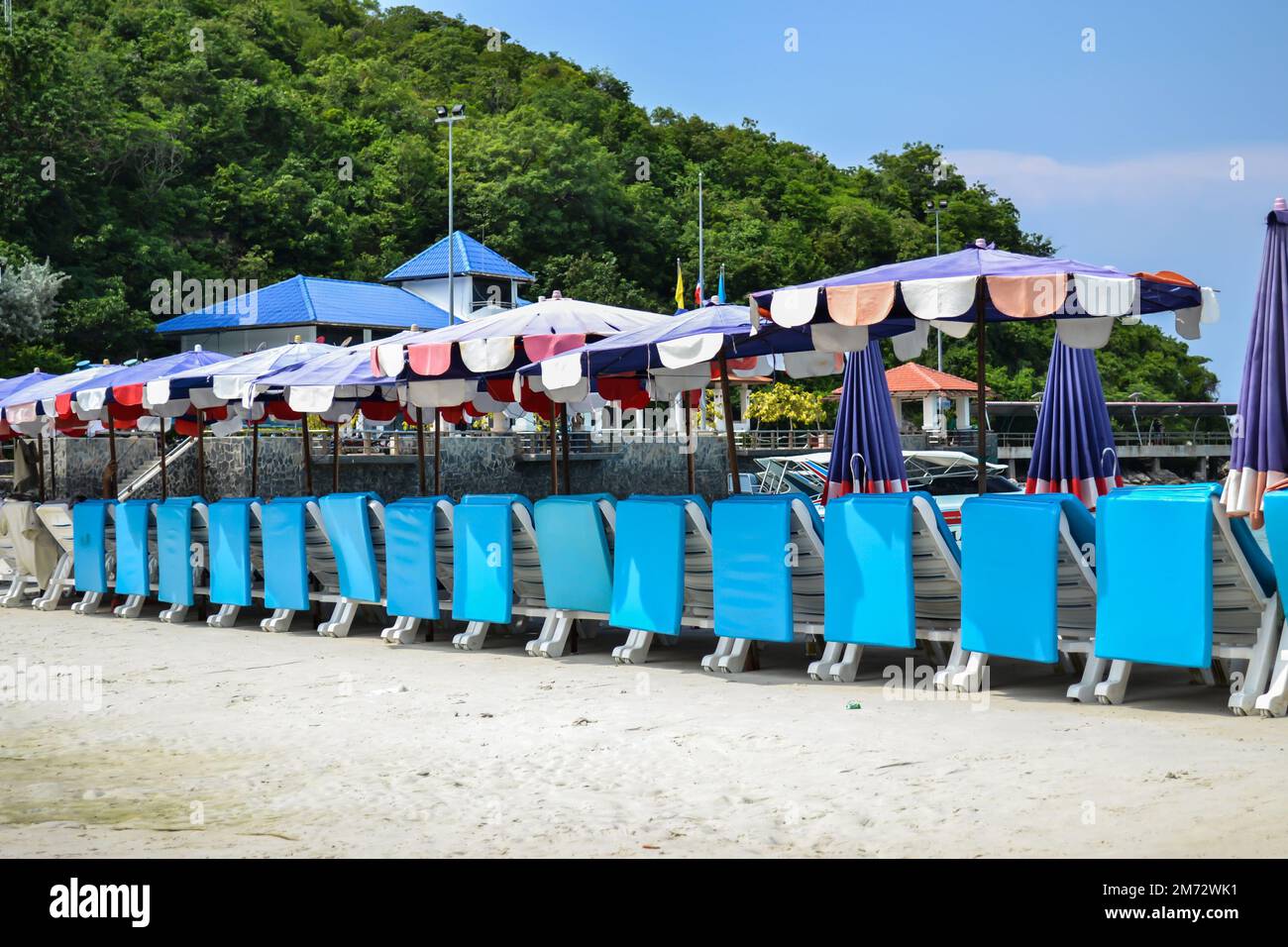 Beautiful blue beach chair prepare for tourism in thailand Stock Photo