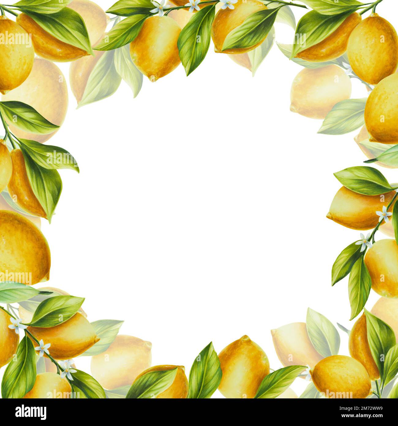 Watercolor frame with fresh ripe lemon with bright green leaves and ...