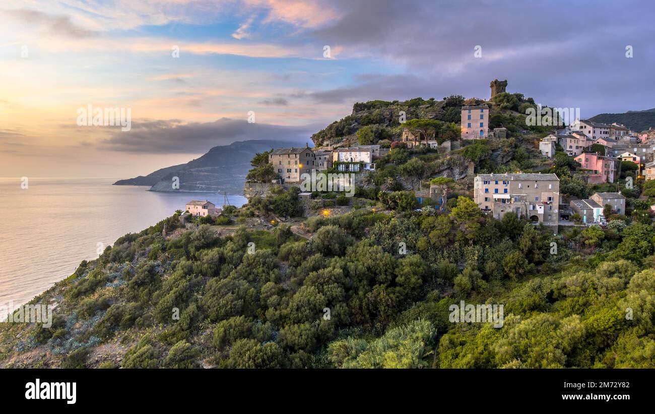 Mountain Village of Nonza with view over the mediteranean sea on Cap corse, Corsica, France Stock Photo