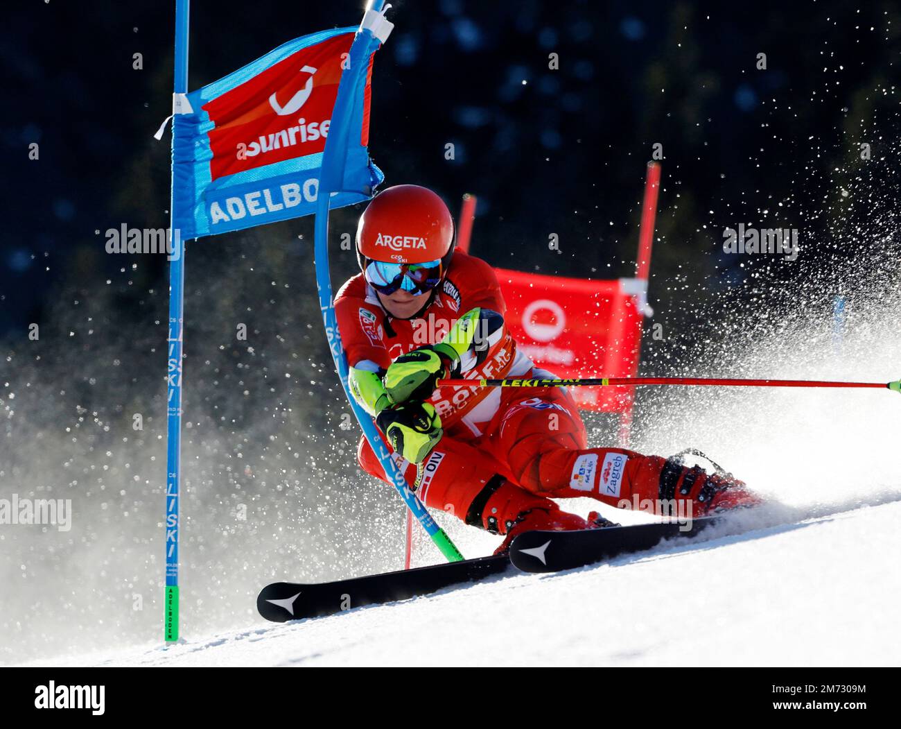 Alpine Skiing - FIS Alpine Ski World Cup - Men's Giant Slalom - Adelboden, Switzerland - January 7, 2023 Croatia's Filip Zubcic in action REUTERS/Stefan Wermuth Stock Photo