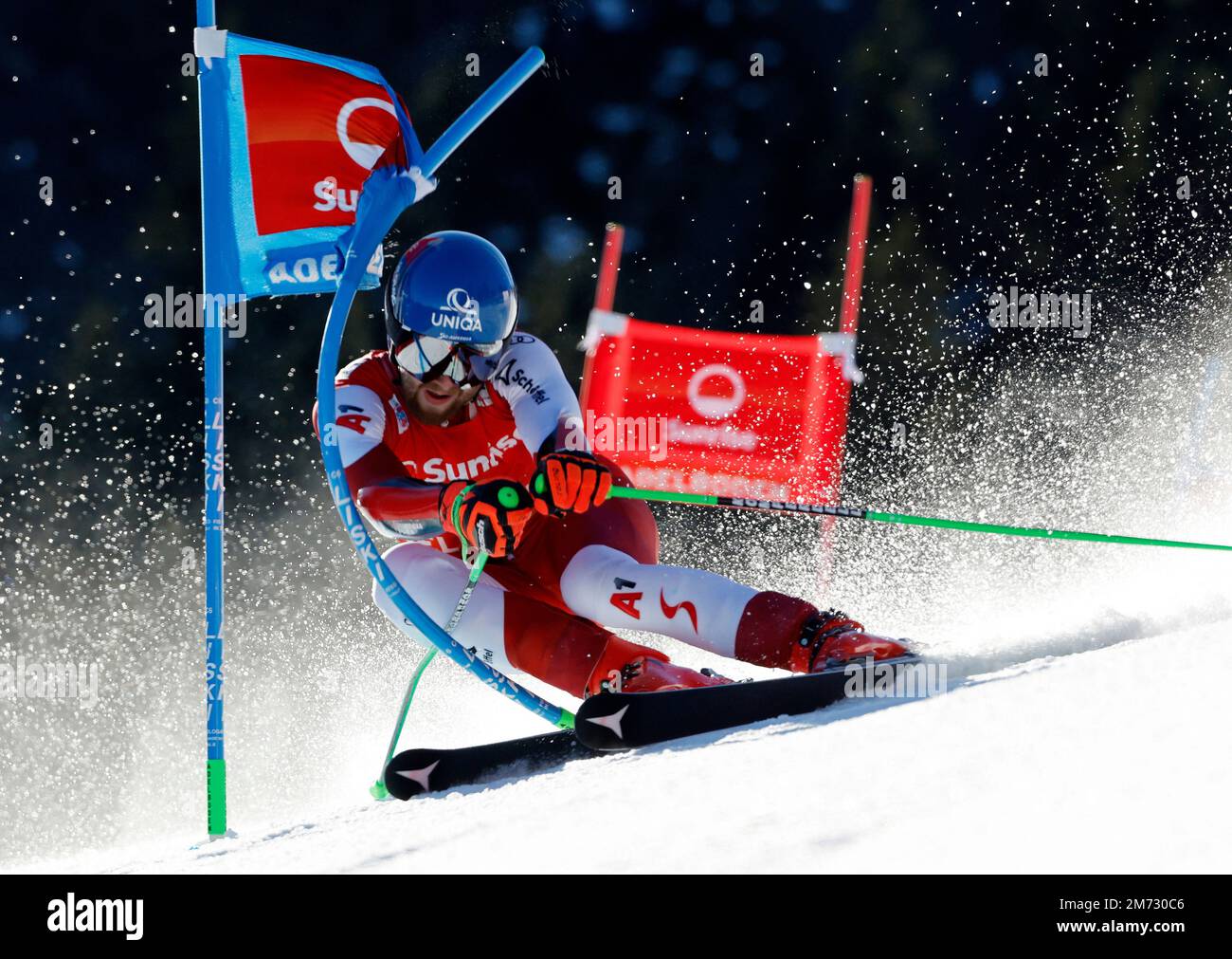 Alpine Skiing - FIS Alpine Ski World Cup - Men's Giant Slalom - Adelboden, Switzerland - January 7, 2023 Austria's Marco Schwarz in action REUTERS/Stefan Wermuth Stock Photo