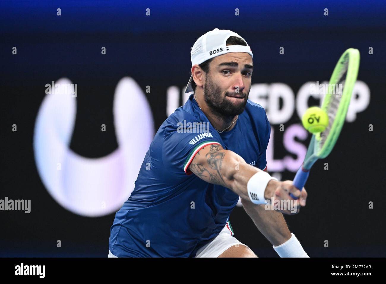Matteo Berrettini of Italy in action against Stefanos Tsitsipas of Greece during the 2023 United Cup Semi-Final tennis match between Greece and Italy at Ken Rosewall Arena in Sydney, Saturday, January 7,